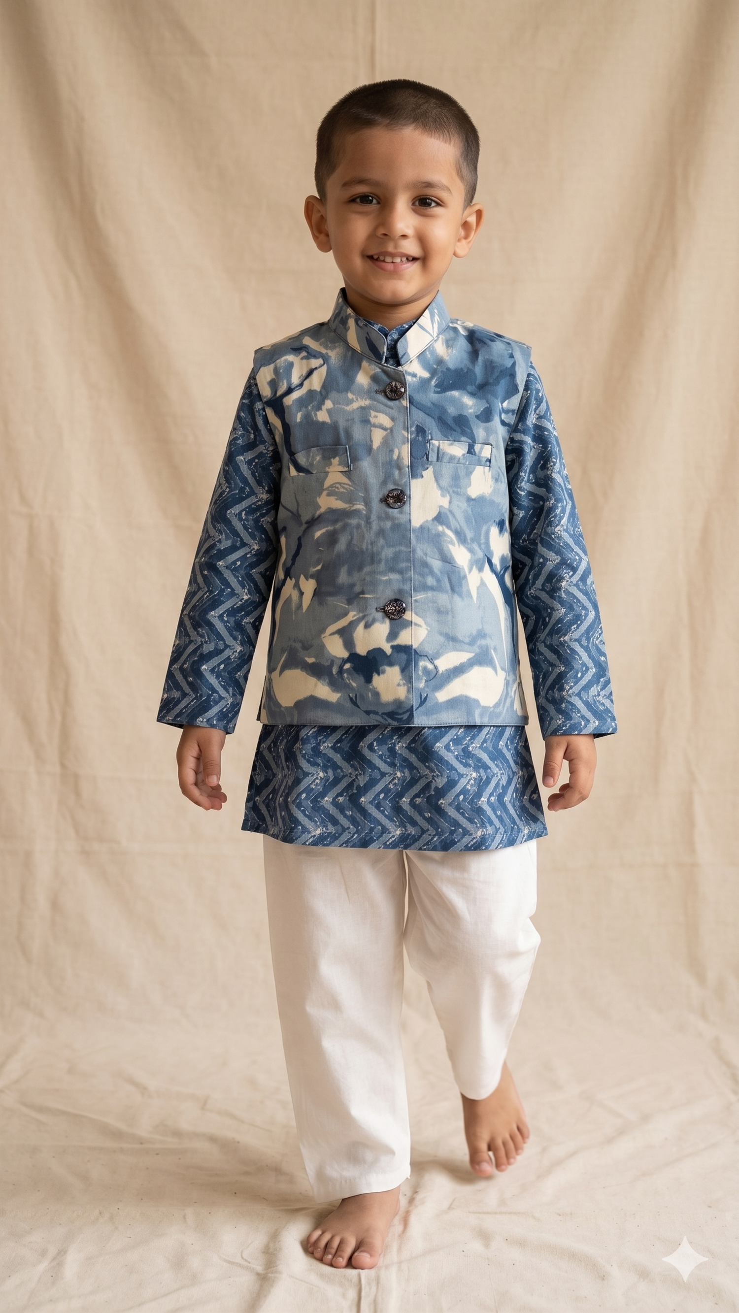 Indigo Jacket with Chevron Block Print Kurta and White Pyjama Set