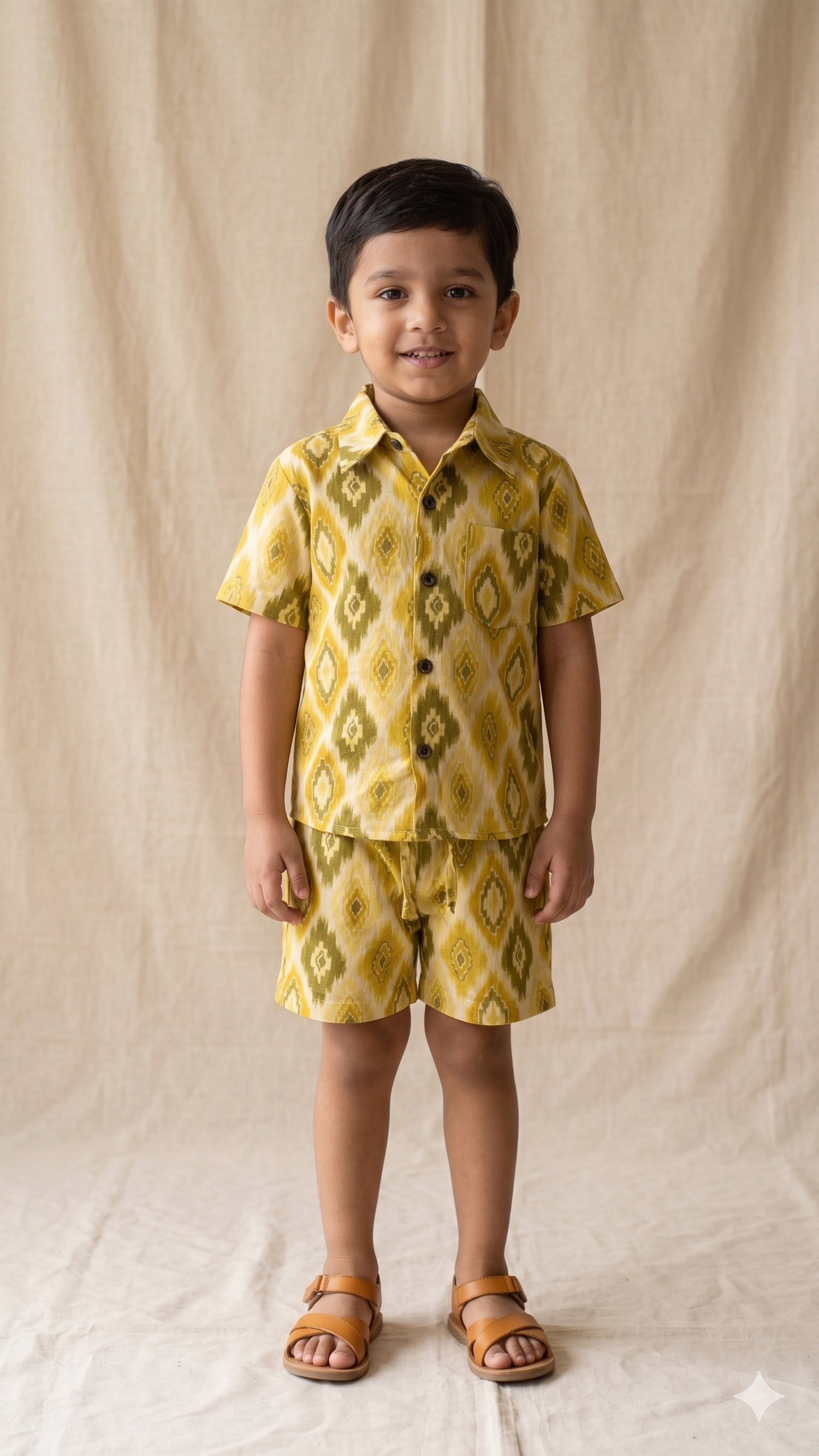 Yellow and Olive Ikat inspired Print Cotton Shirt and Shorts Co-ord Set