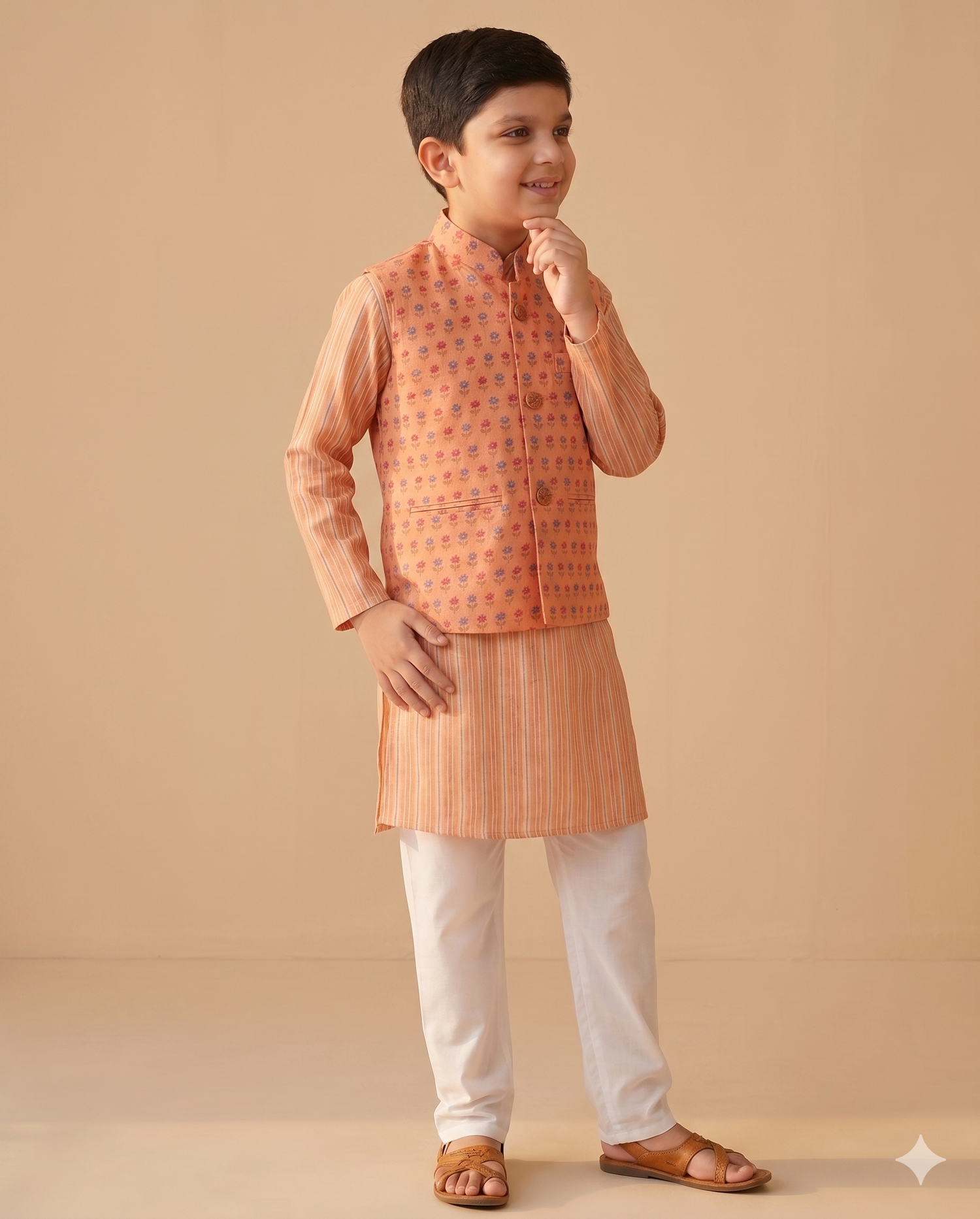 Pink and Orange Booti Print Jacket with Striped Kurta & Pajama