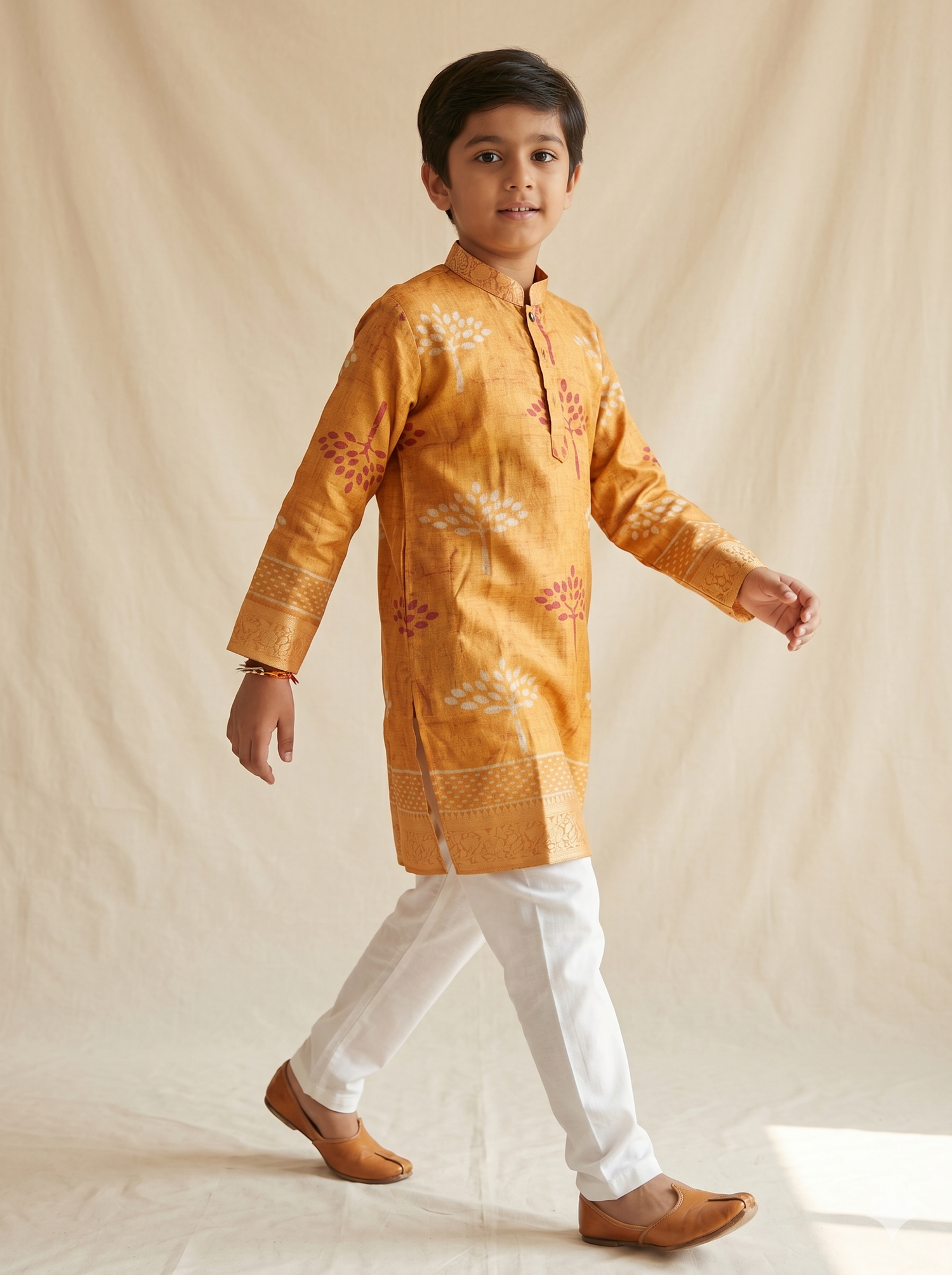 Mustard Gold Woven Silk Tree Boota Block Print Kurta Pyjama Set