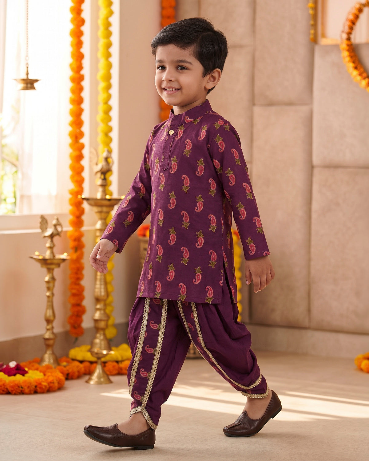 Jamuni Kairi Paisley Print Cotton Dhoti Kurta Set for Boys