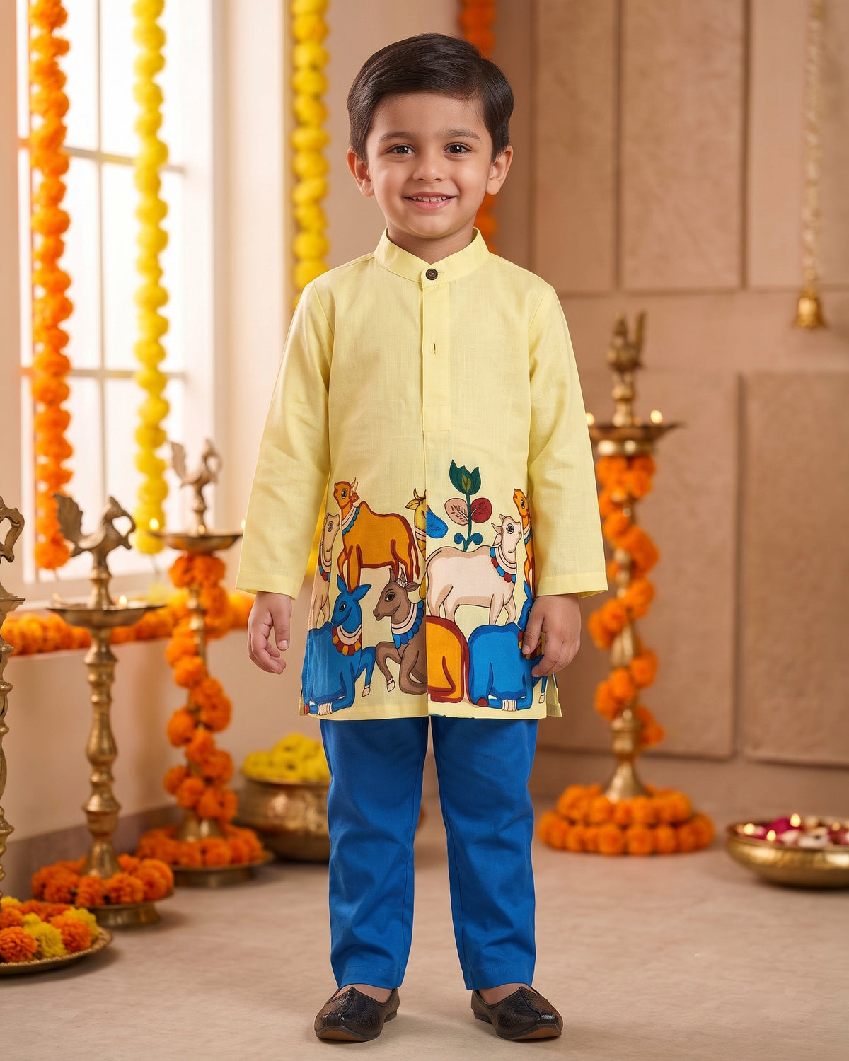 Braj Bhoomi Folk Cow Print Concealed Placket Cotton Kurta & Salwar Set