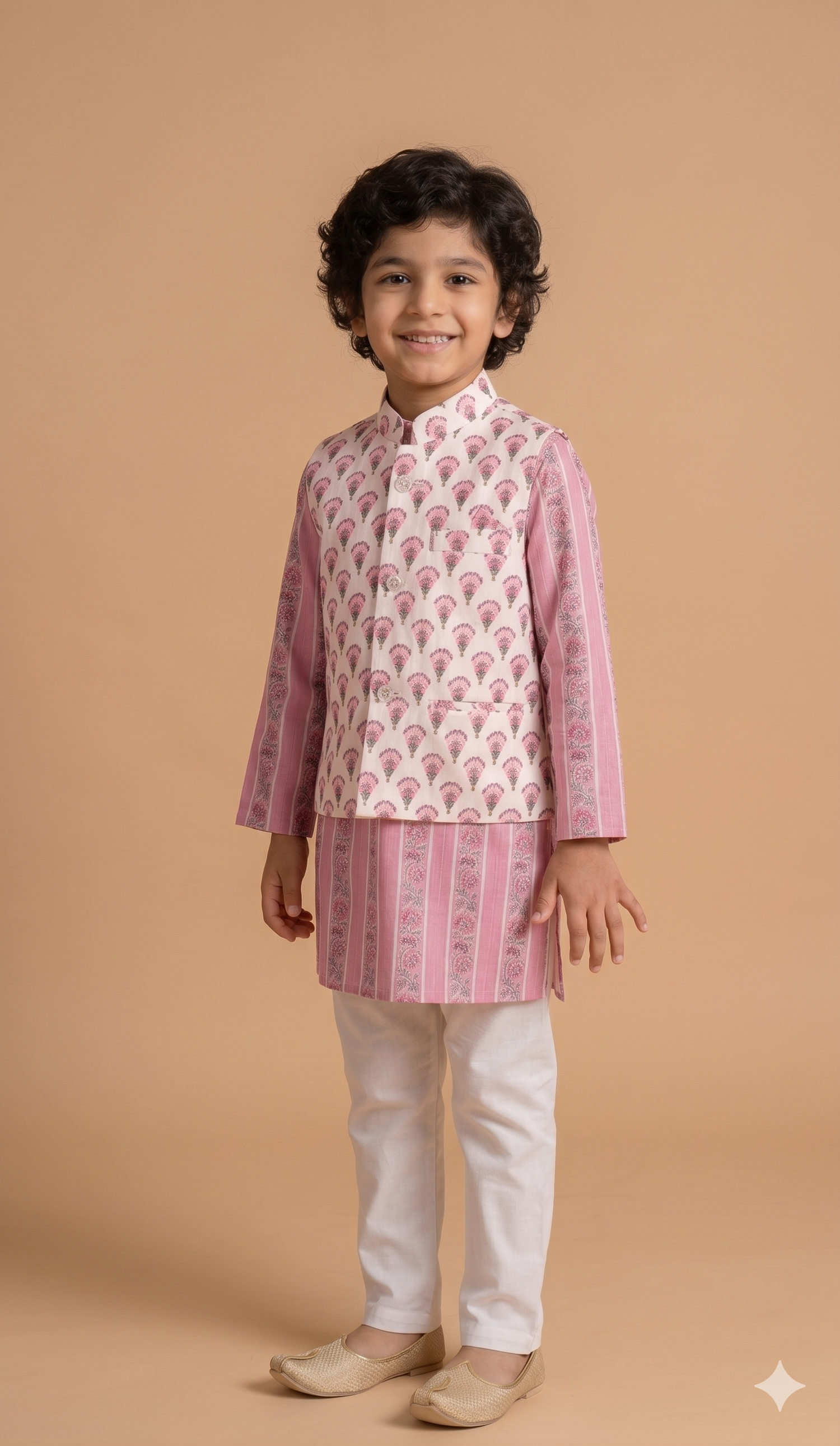 Blossom Bundi — Floral Block Print Kurta Pajama Set with Nehru Jacket