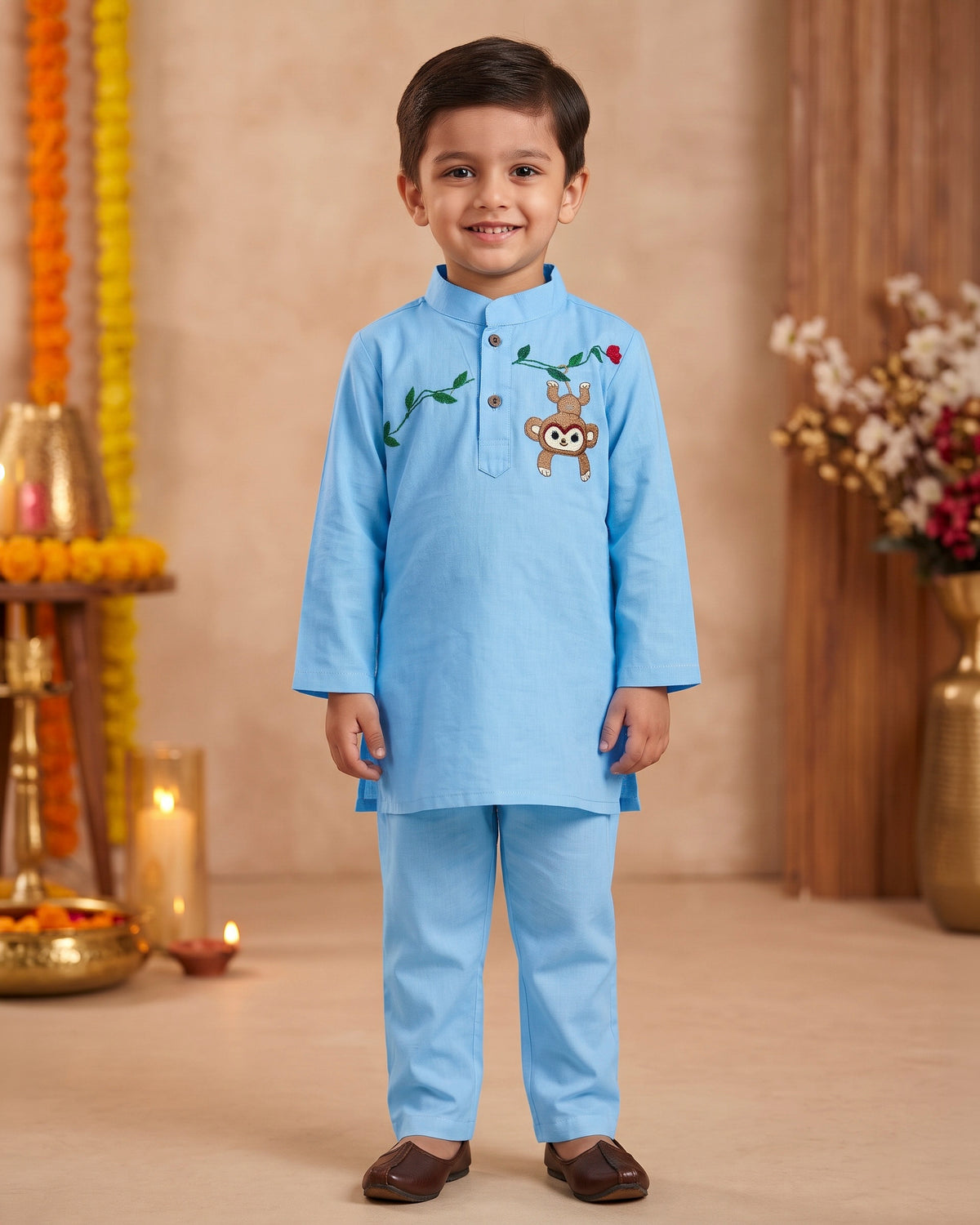Natkhat Bandar Embroidered Monkey & Vine Cotton Kurta Pajama Set for Boys