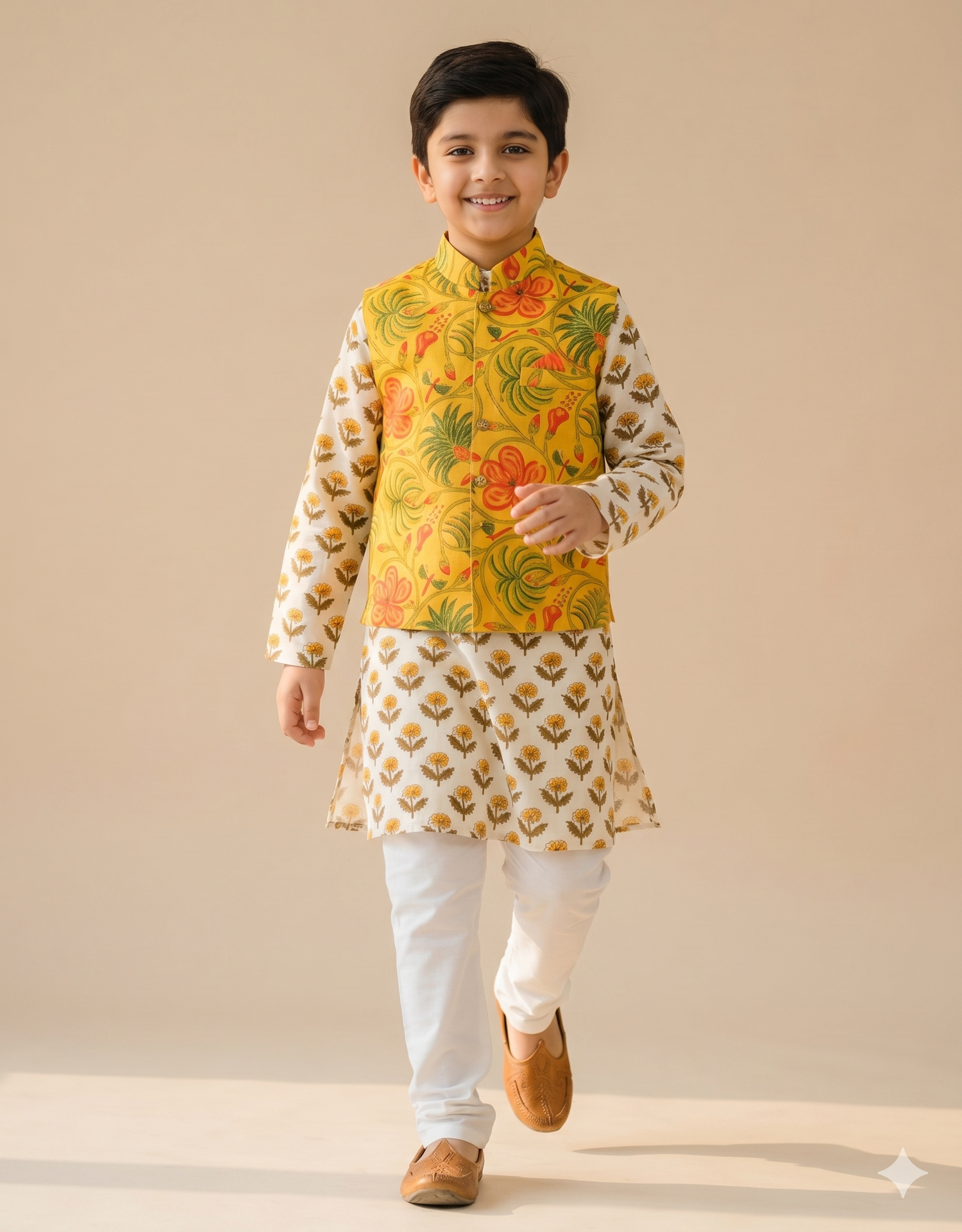 Marigold Bandi — Tropical Floral Block Print Kurta Pajama Set with Nehru Jacket for Boys