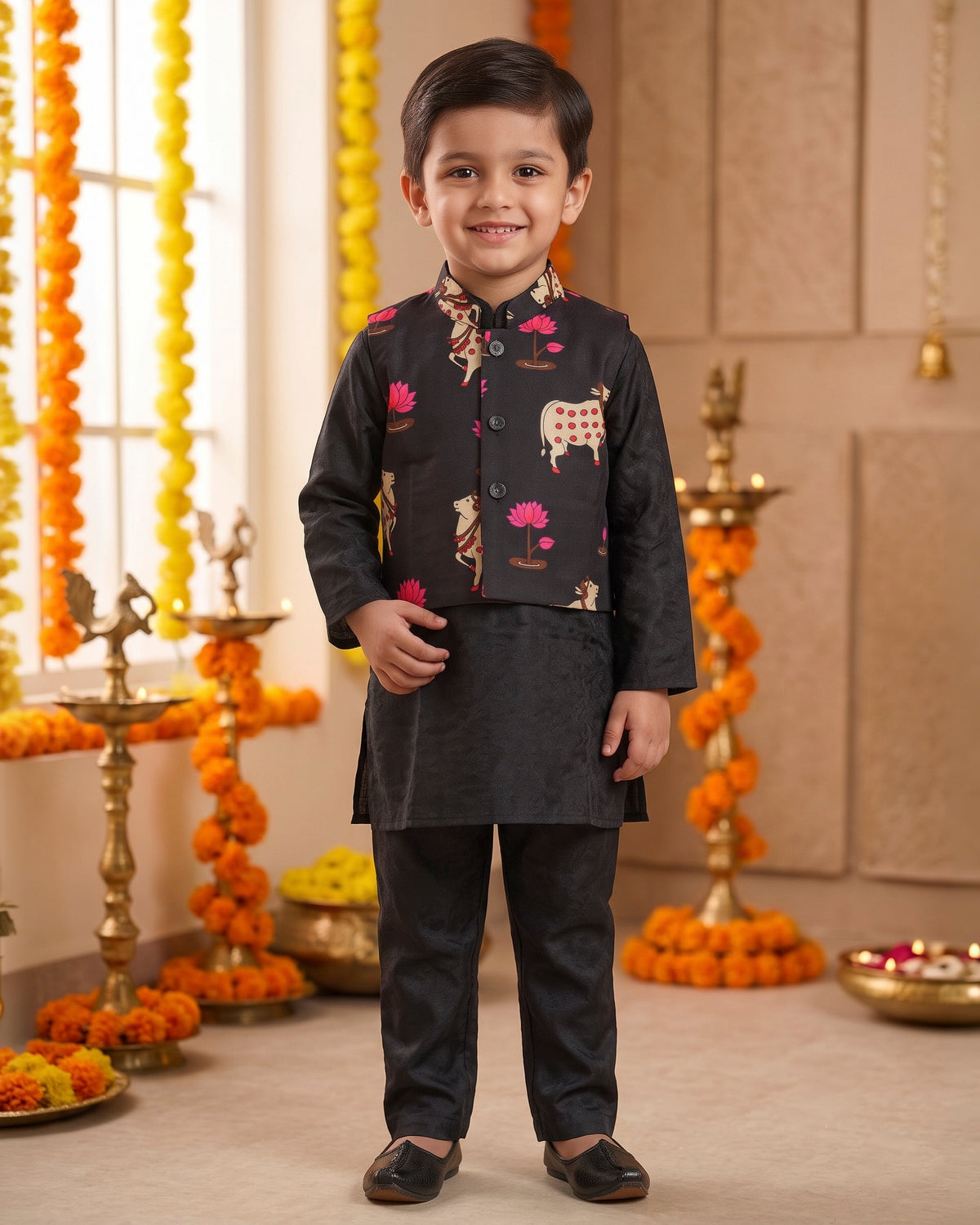 Kamal & Kamdhenu Printed Cotton Sadri with Black Modal Kurta Pajama Set