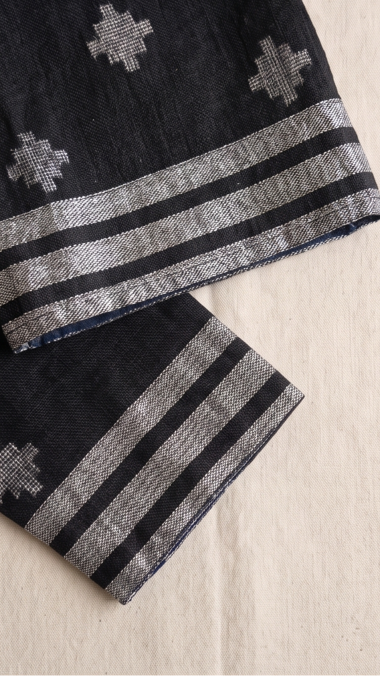 Black Woven Diamond Motif Linen Kurta