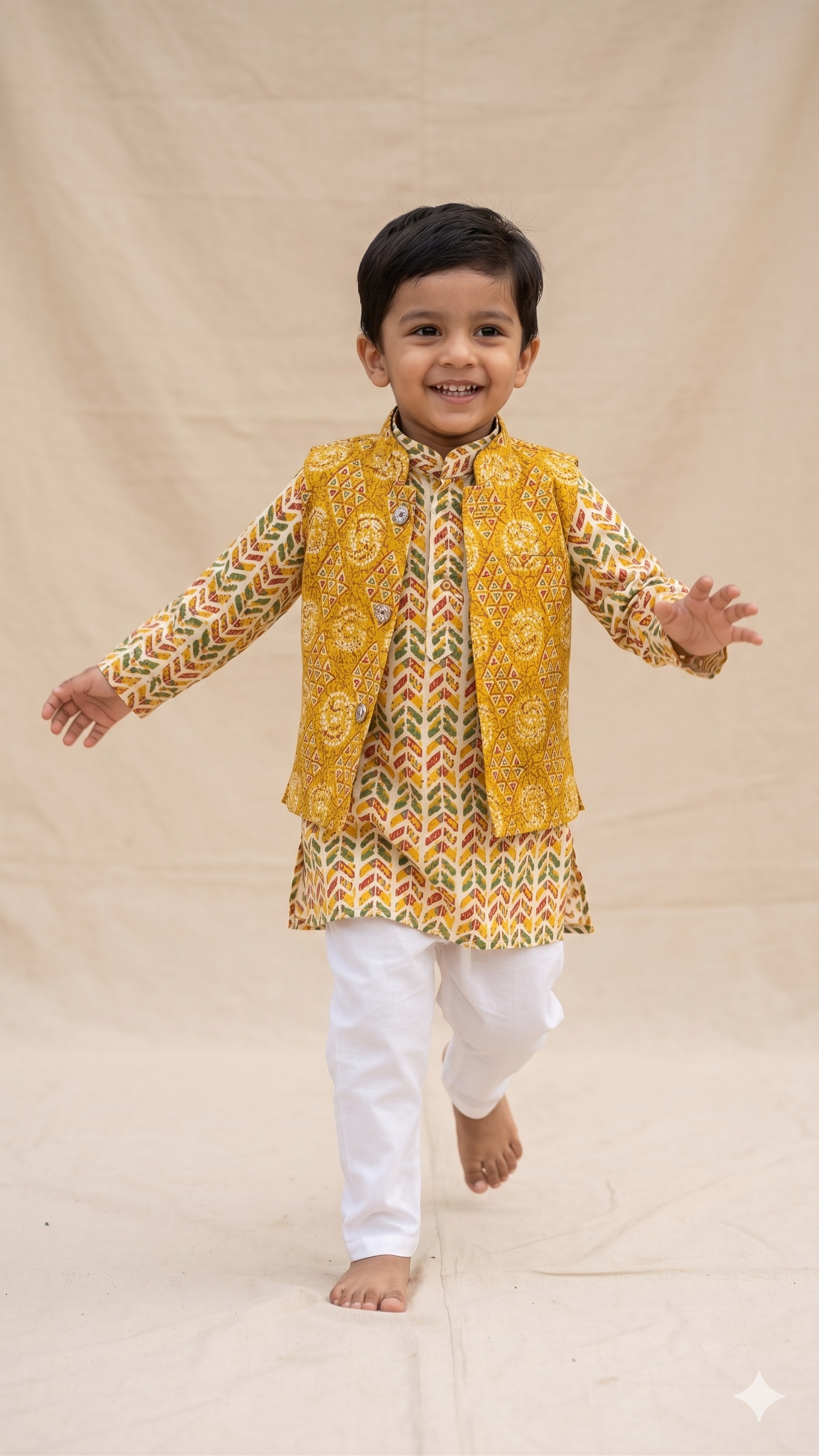 Block Print Floral Medallion Nehru Jacket Kurta Pyjama Set