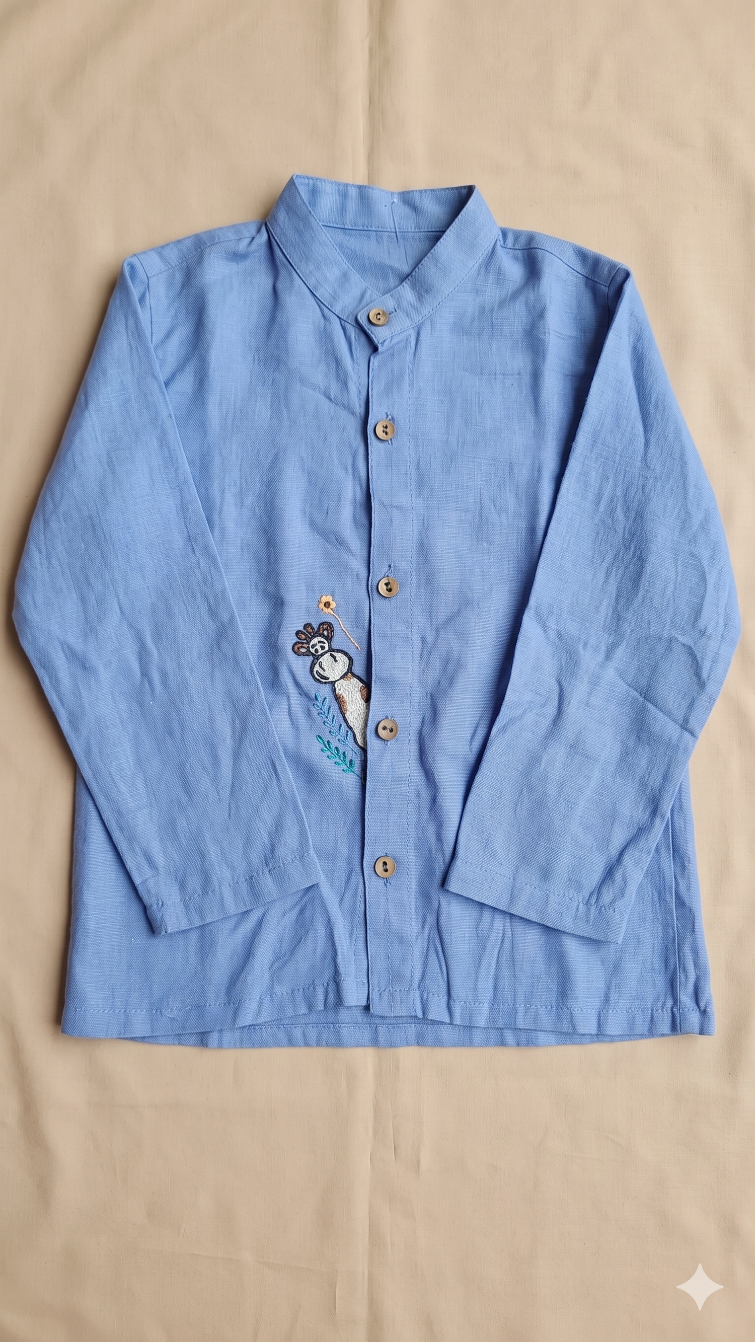 Blue Embroidered Giraffe and Foliage Mandarin Collar Full-Sleeve Shirt