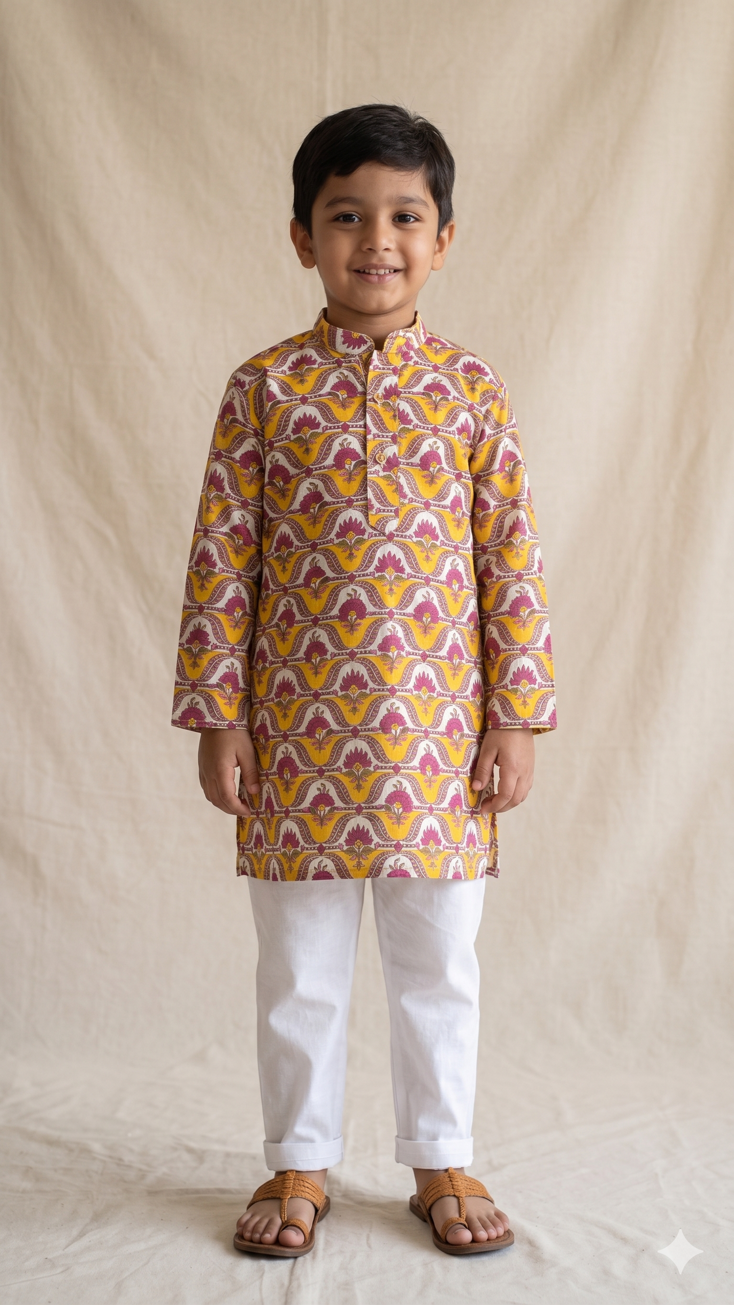 Mustard Yellow Mughal Arch Floral Block Print Kurta with White Cotton Pyjama Set