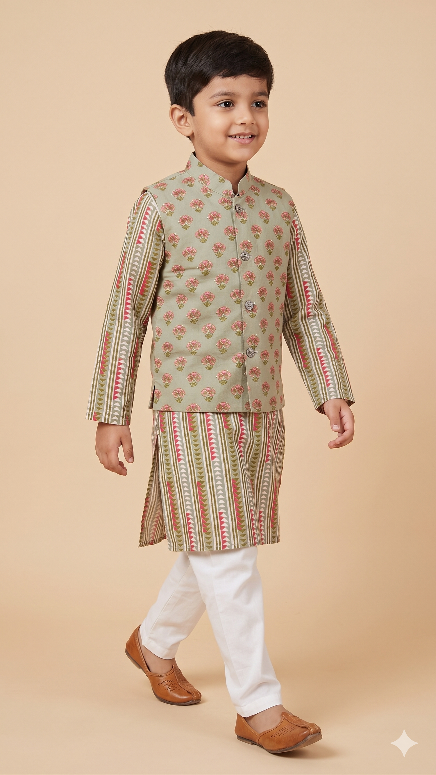 Sage Green Floral Boota and Chevron Stripe Block Print Nehru Jacket Kurta Pyjama Set