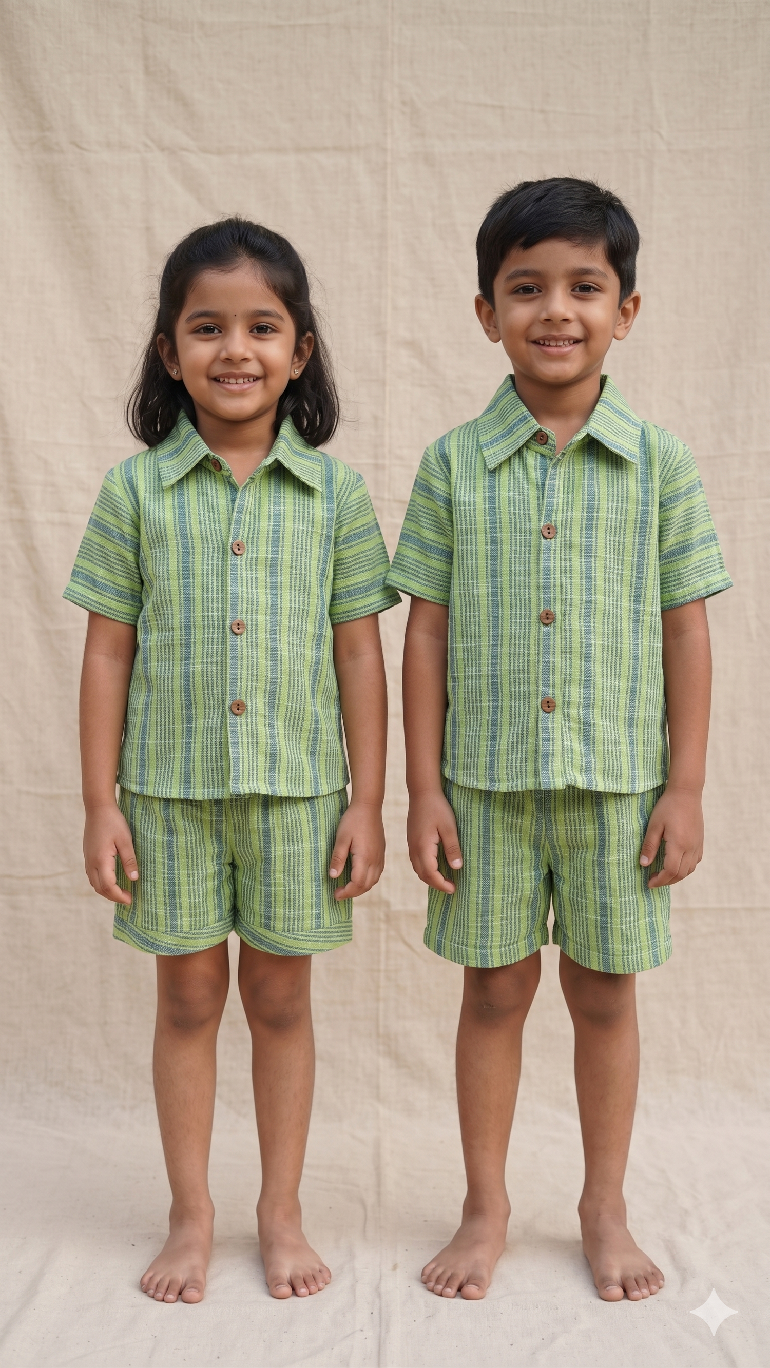 Lime Green Woven Stripe Textured Cotton Shirt and Shorts Co-ord Set