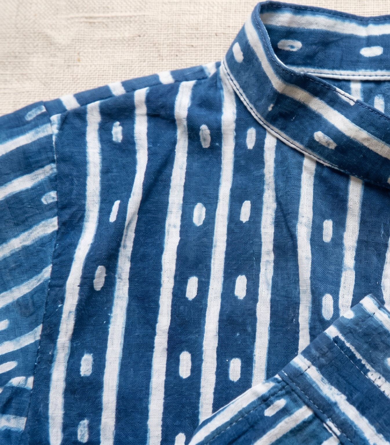 Indigo Block Print Stripe and Oval Full-Sleeve Shirt
