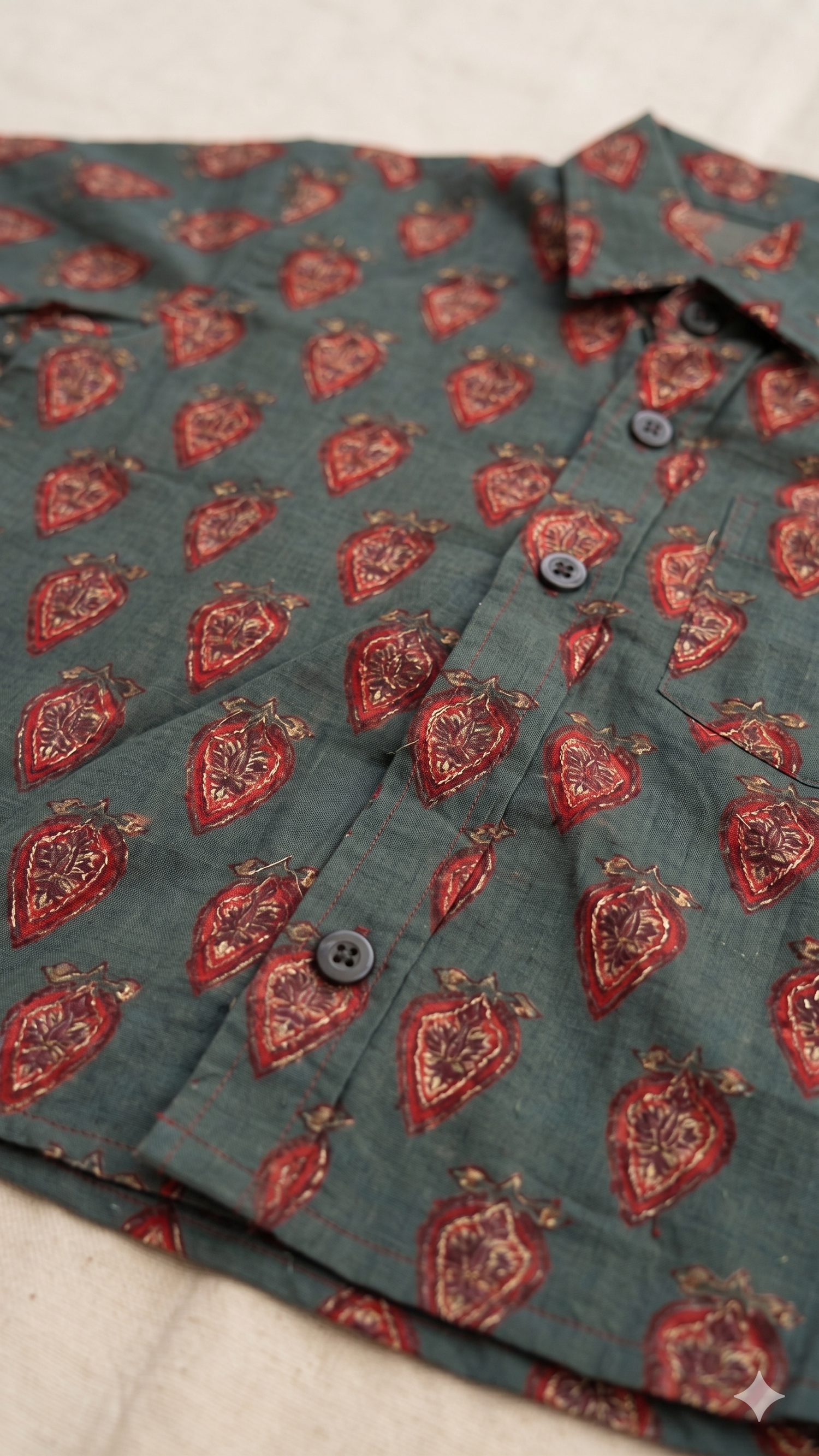 Forest Green Paisley Medallion Block Print Short-Sleeve Cotton Shirt