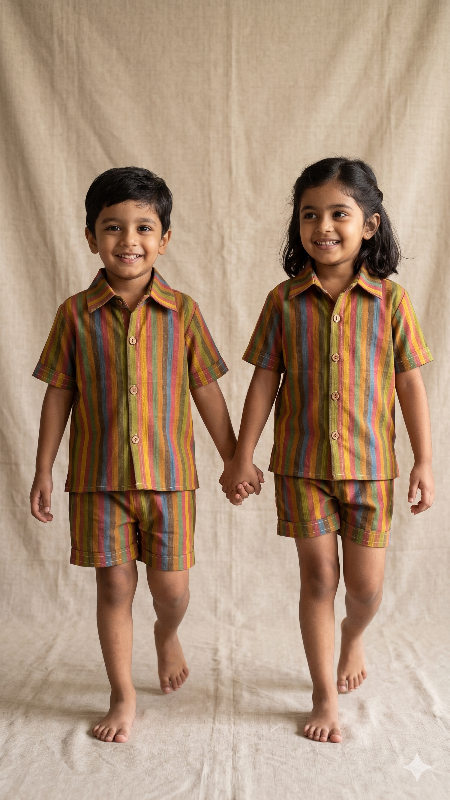 Multicolor Woven Kantha Stripe Cotton Shirt and Shorts Co-ord Set