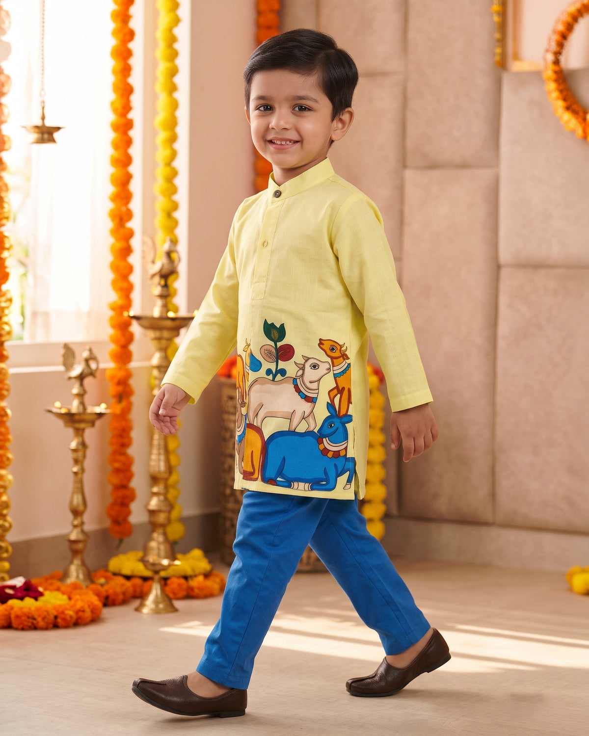 Braj Bhoomi Folk Cow Print Concealed Placket Cotton Kurta & Salwar Set