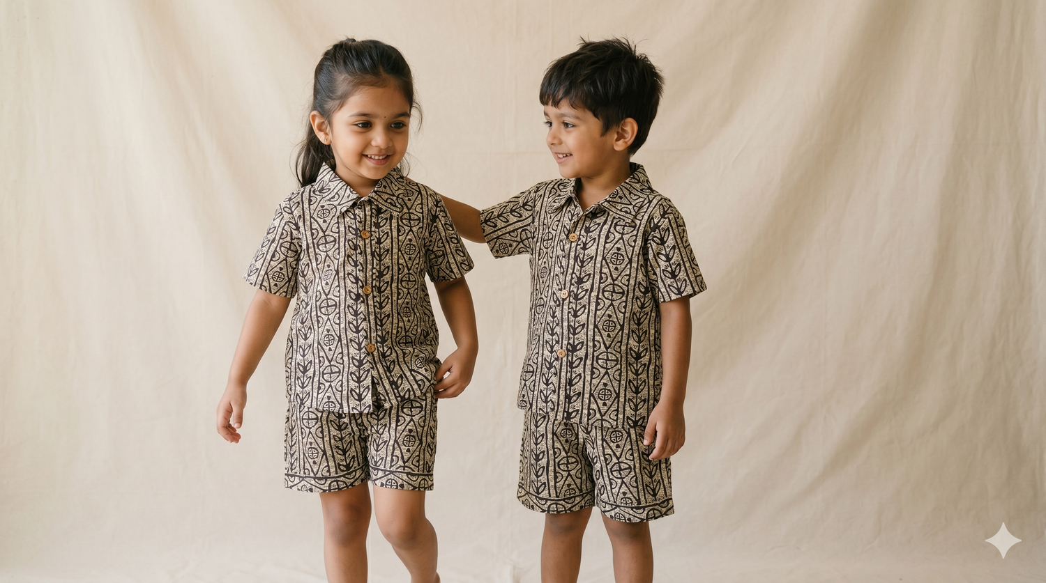 Natural Dabu Block Print Geometric Stripe Cotton Shirt and Shorts Co-ord Set
