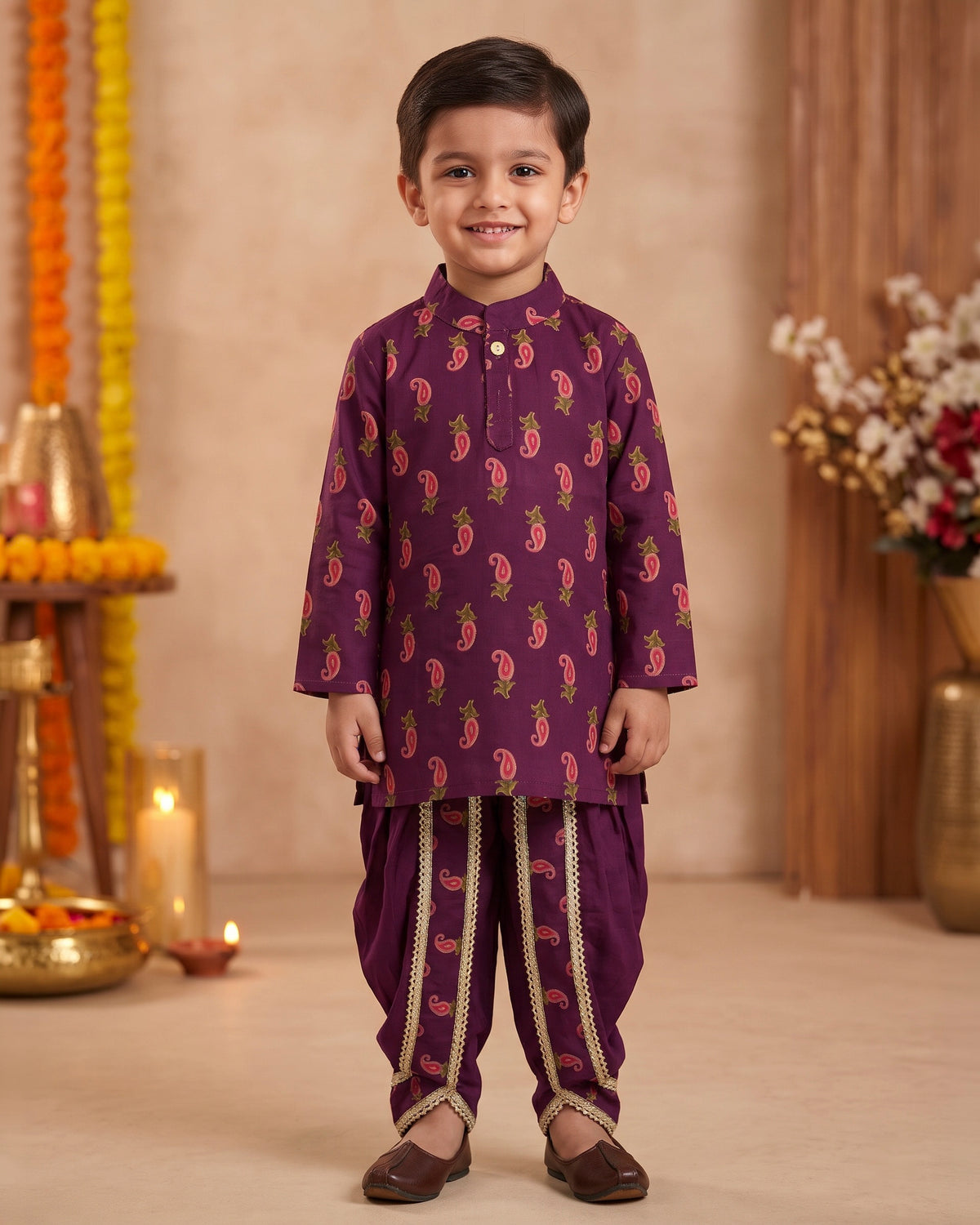 Jamuni Kairi Paisley Print Cotton Dhoti Kurta Set for Boys
