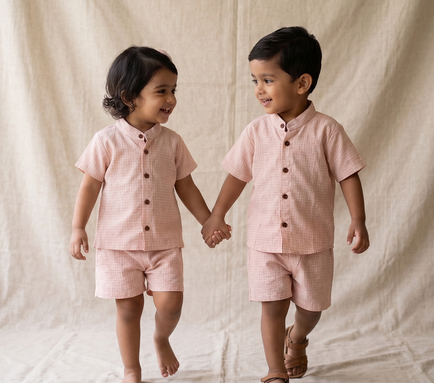 Blush Pink Woven Micro Check Cotton Shirt and Shorts Co-ord Set