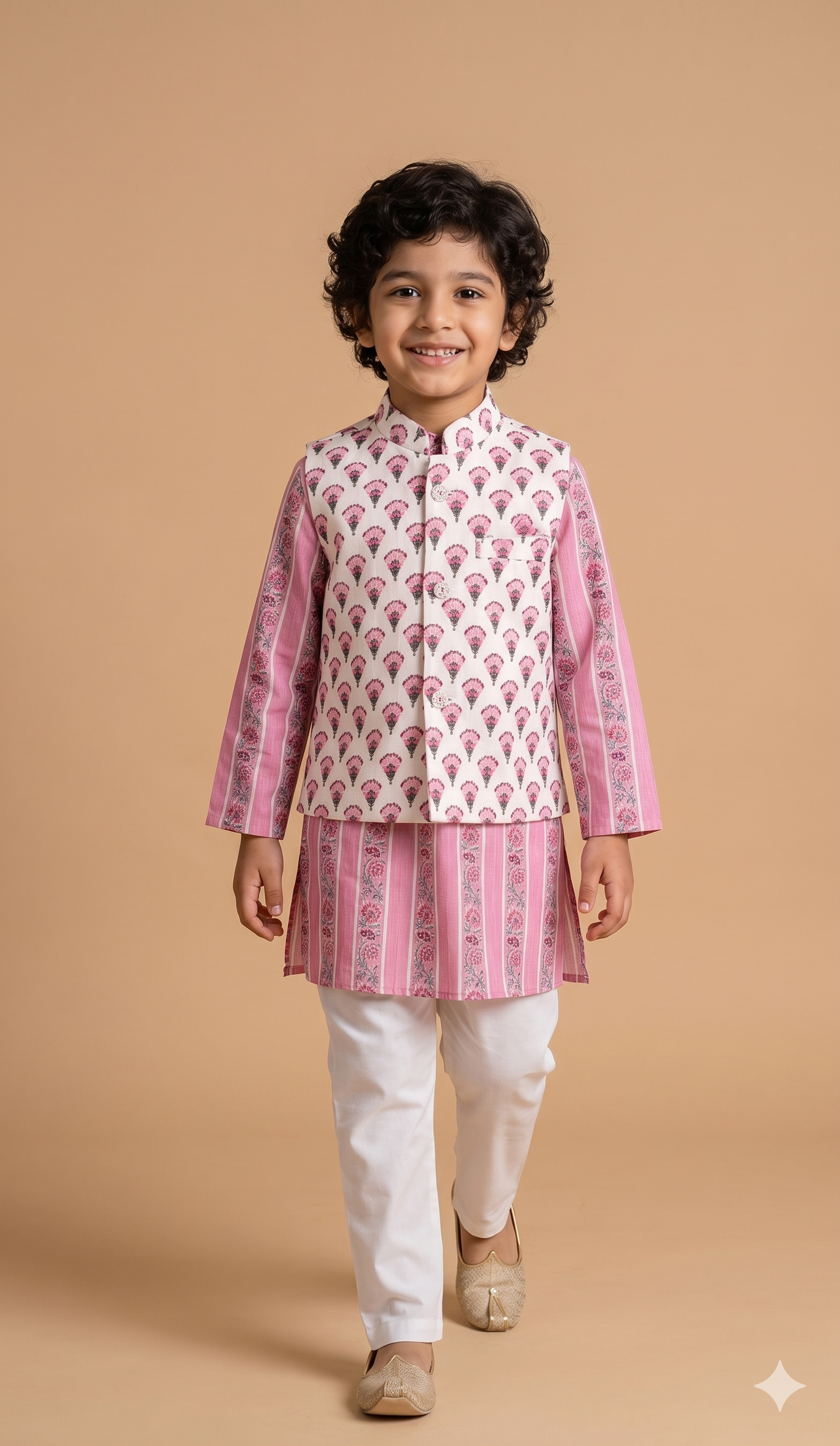 Blossom Bundi — Floral Block Print Kurta Pajama Set with Nehru Jacket