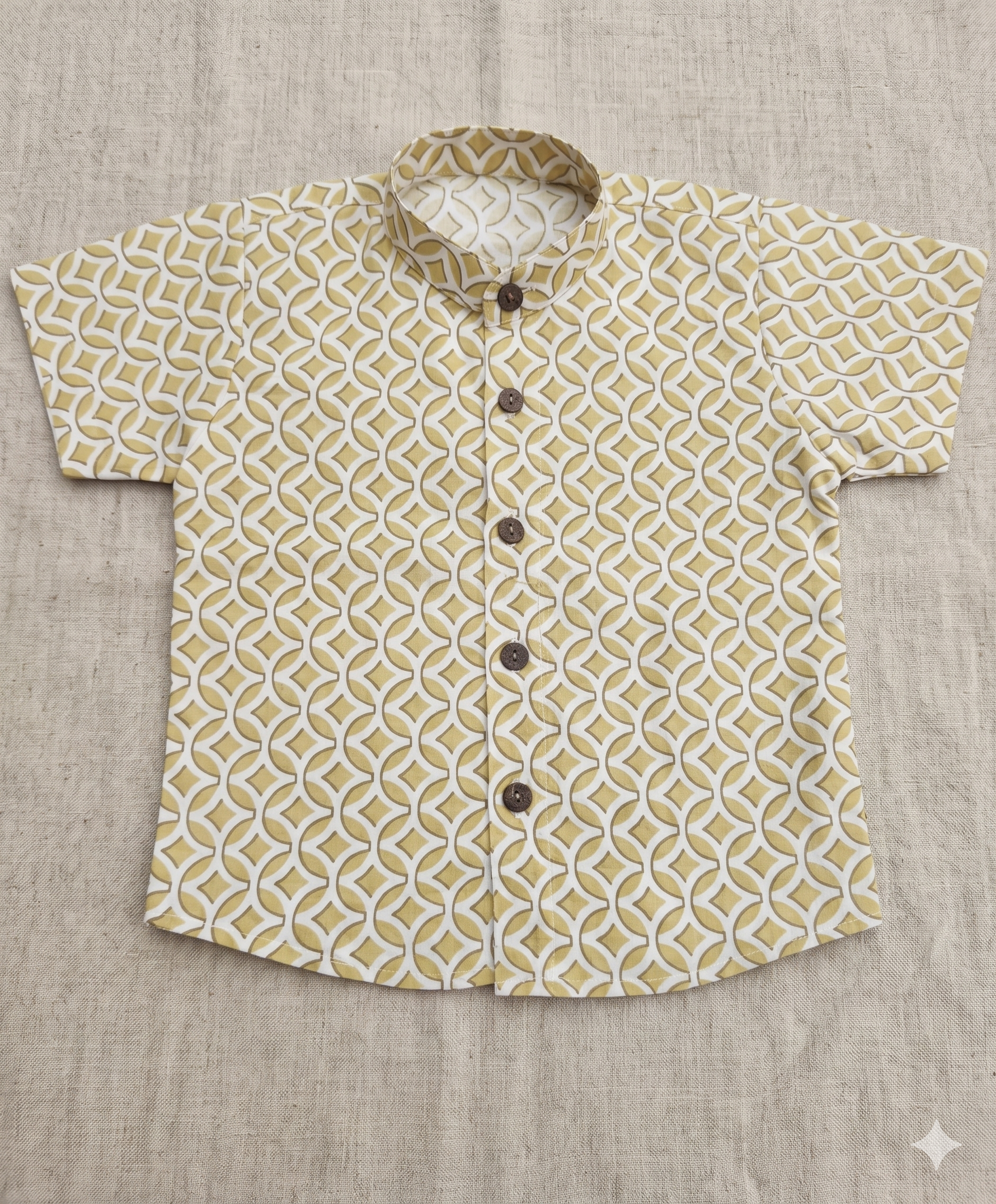 Block Print Geometric Lattice Mandarin Collar Short-Sleeve Shirt