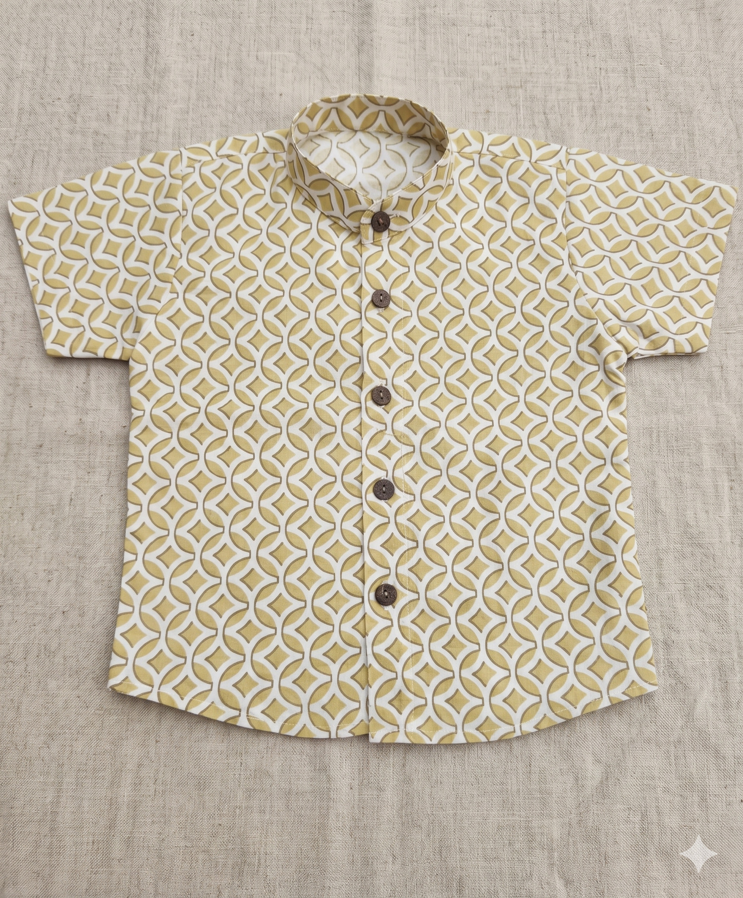 Block Print Geometric Lattice Mandarin Collar Short-Sleeve Shirt