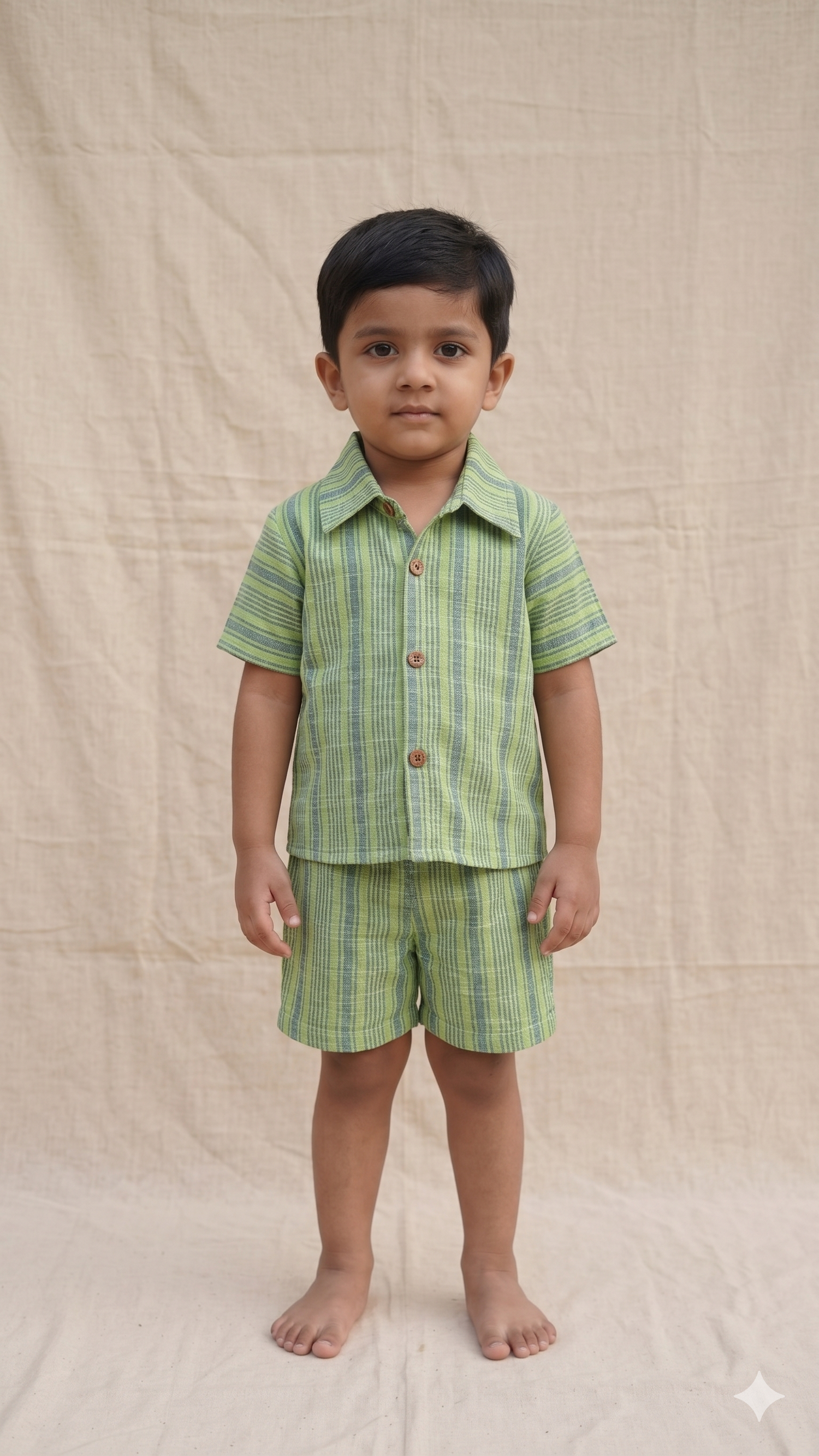 Lime Green Woven Stripe Textured Cotton Shirt and Shorts Co-ord Set