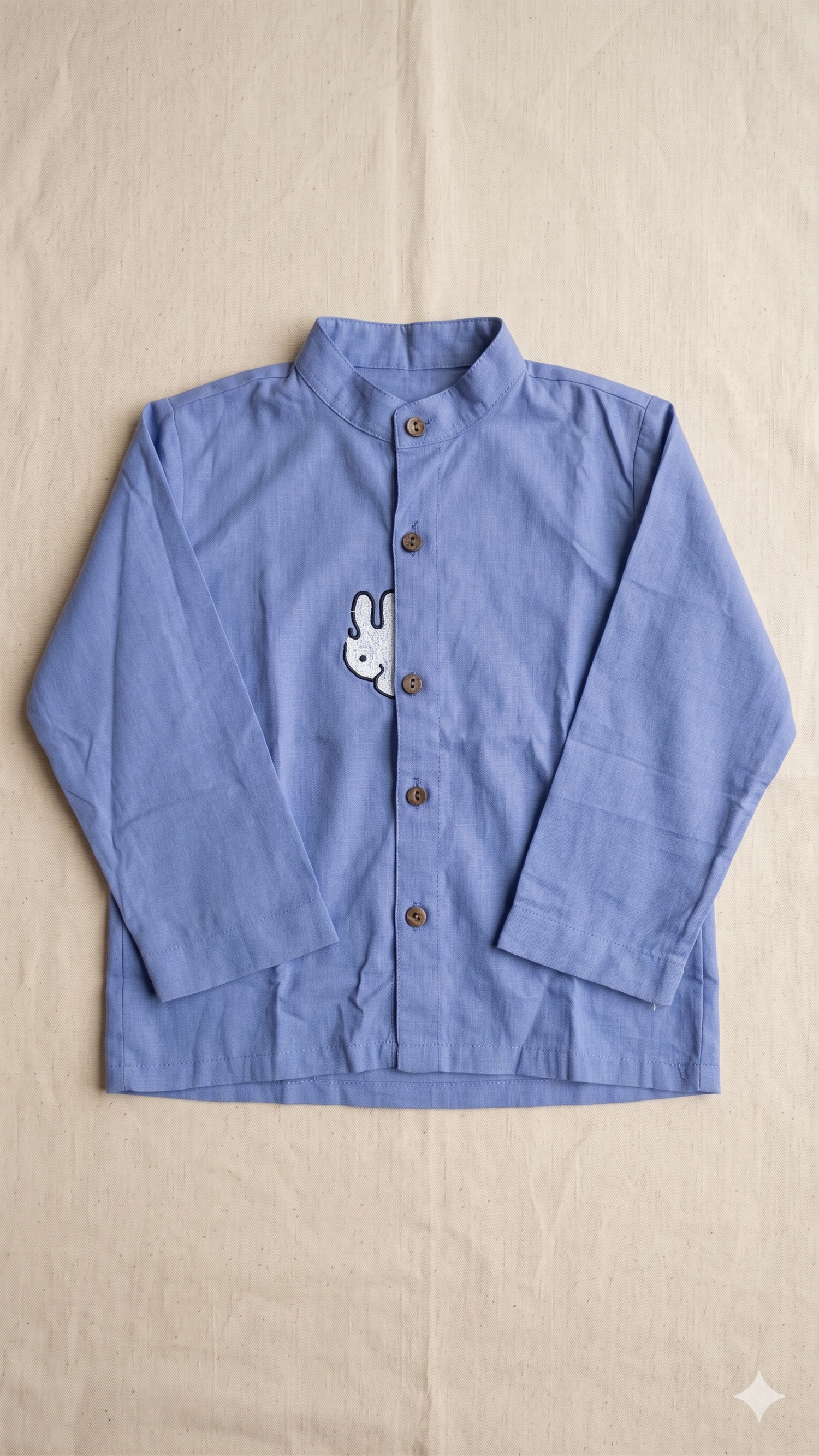 Solid Chambray Embroidered Bunny Mandarin Collar Full-Sleeve Shirt
