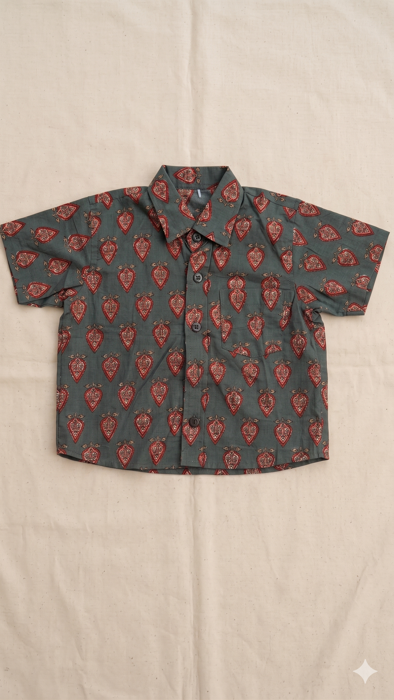 Forest Green Paisley Medallion Block Print Short-Sleeve Cotton Shirt