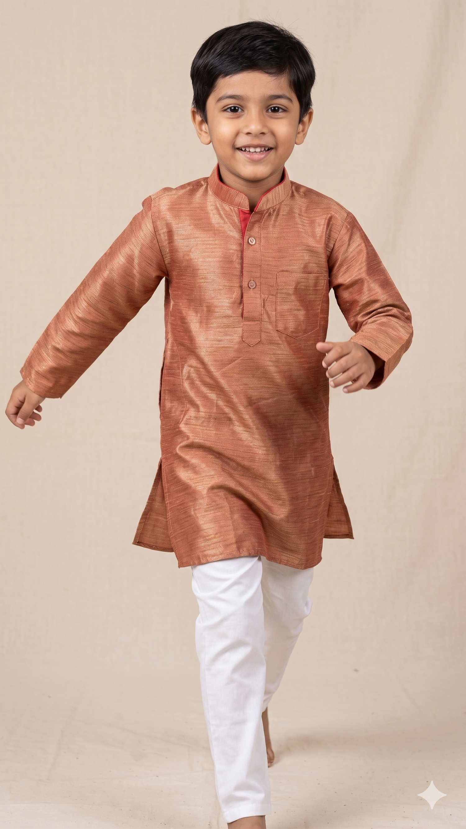 Copper Bronze Woven Silk Mandarin Kurta with White Cotton Pyjama Set