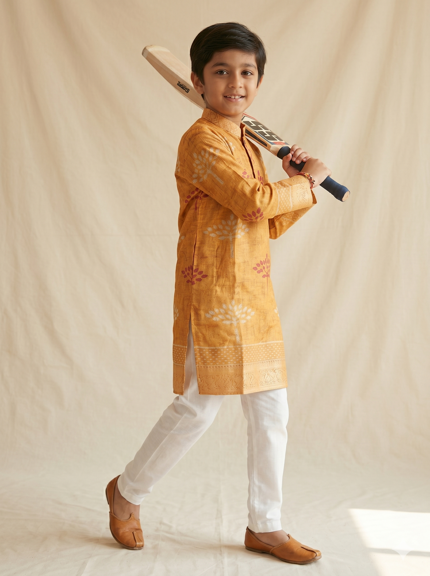 Mustard Gold Woven Silk Tree Boota Block Print Kurta Pyjama Set