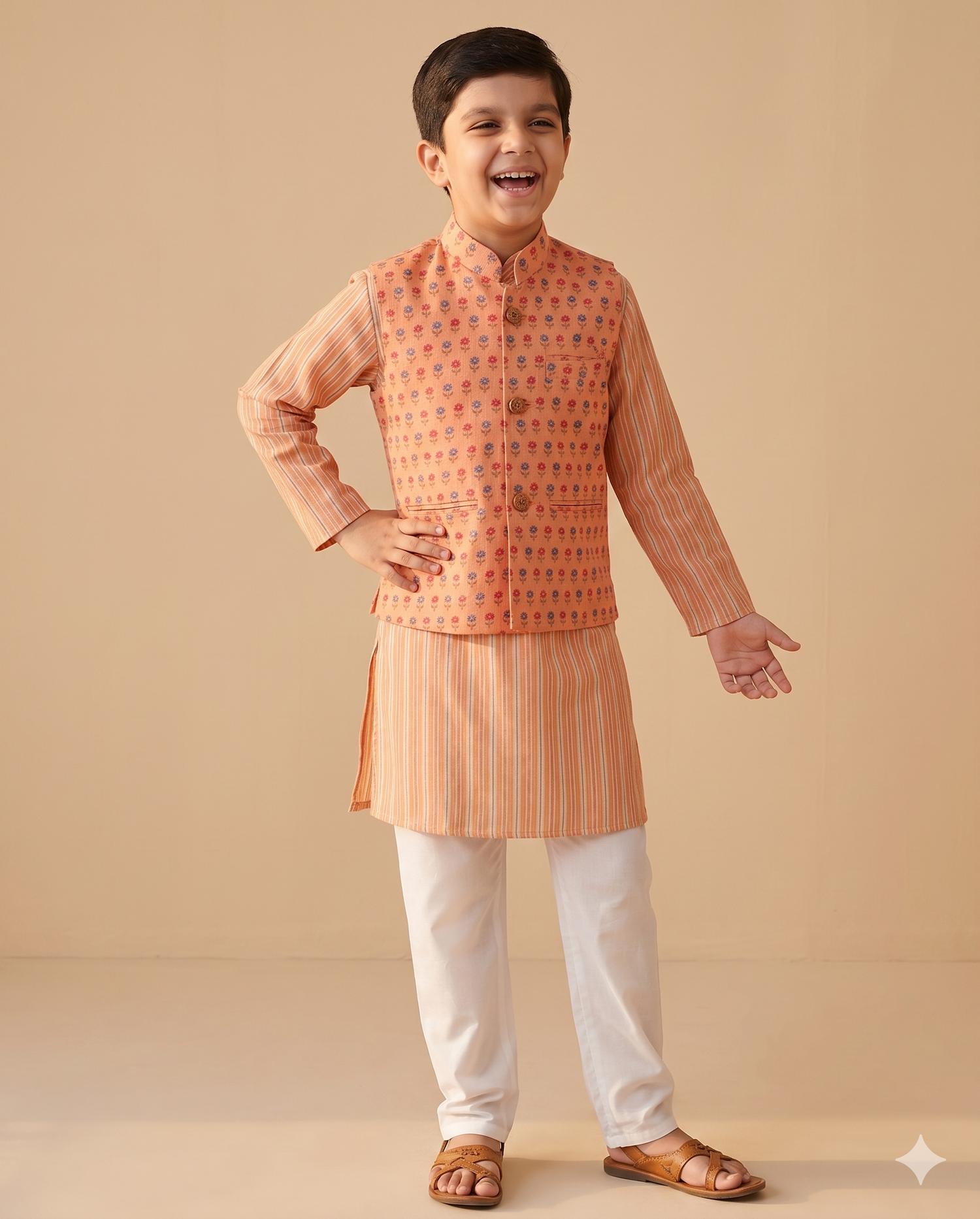 Pink and Orange Booti Print Jacket with Striped Kurta & Pajama