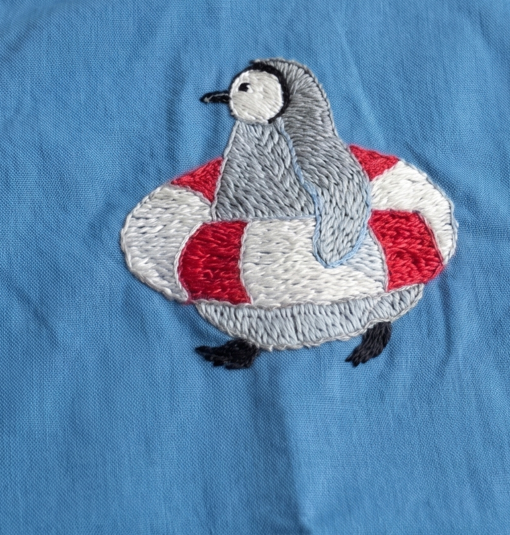 Solid Cobalt Blue Embroidered Penguin Mandarin Collar Full-Sleeve Shirt