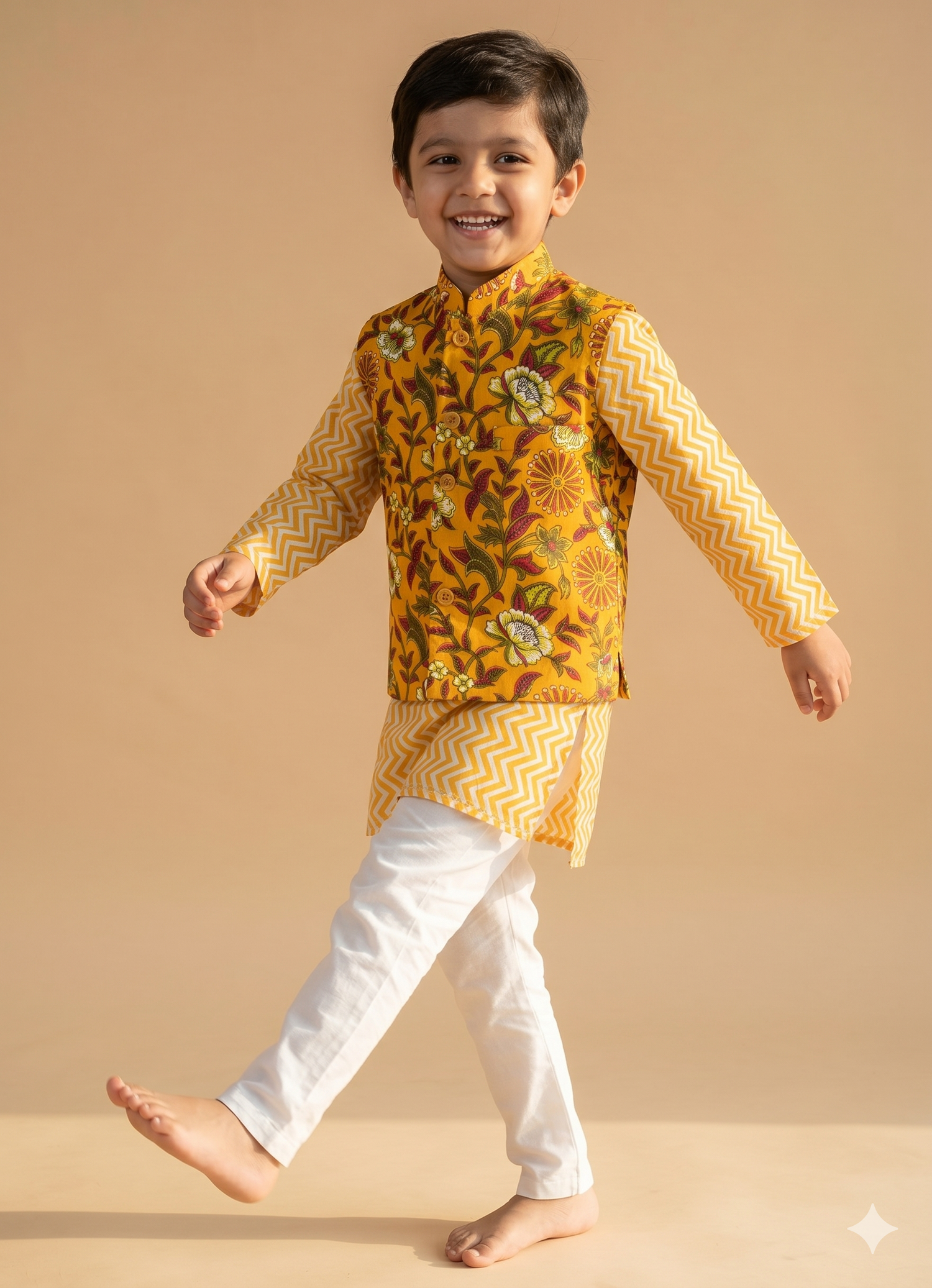 Floral Print Jacket with Zig Zag Kurta & Pajama