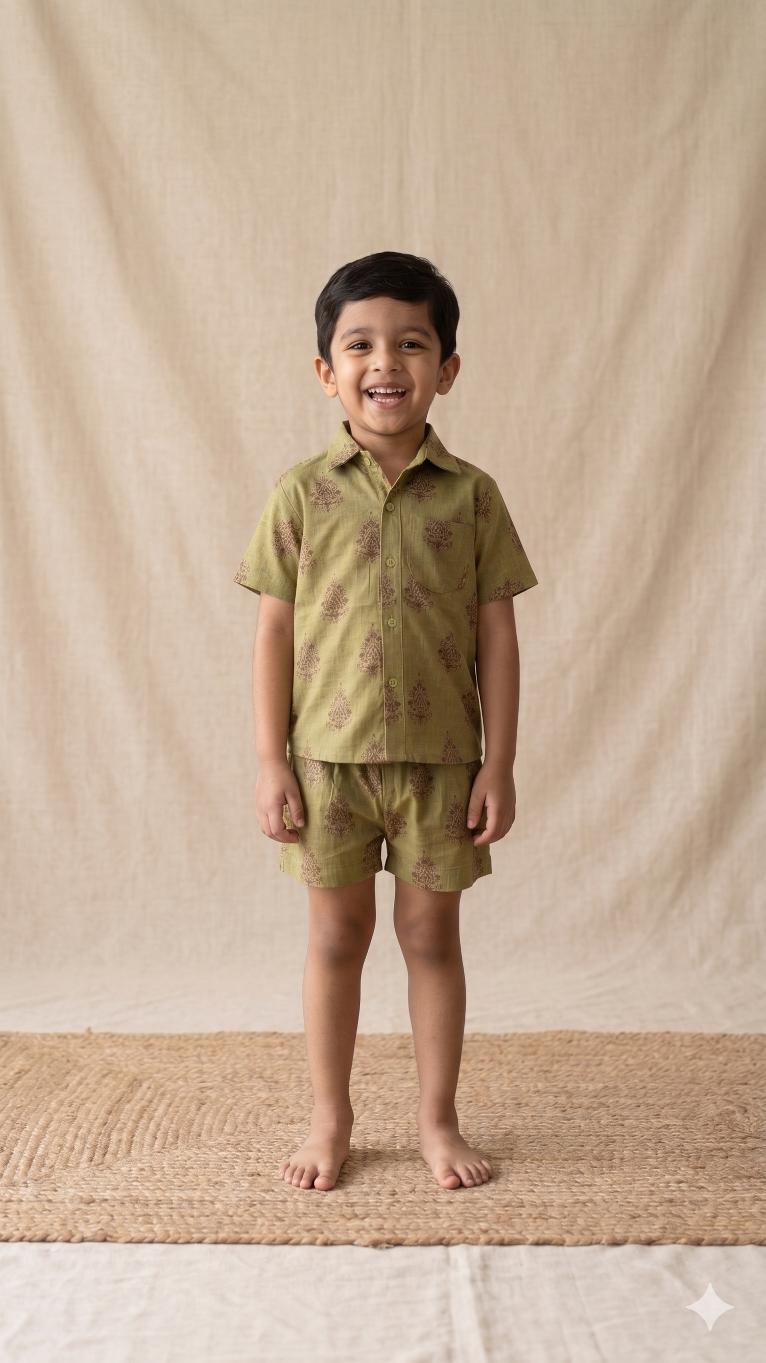 Olive Green Floral Boota Block Print Cotton Shirt and Shorts Co-ord Set