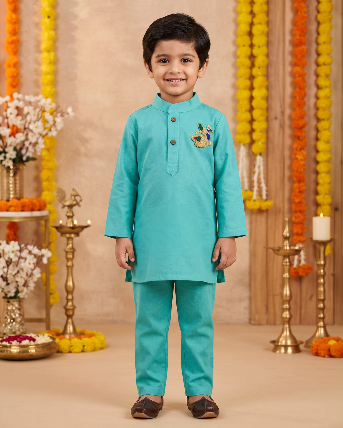 Firozi Mor Handworked Peacock Silk Kurta & Cotton Pajama Set