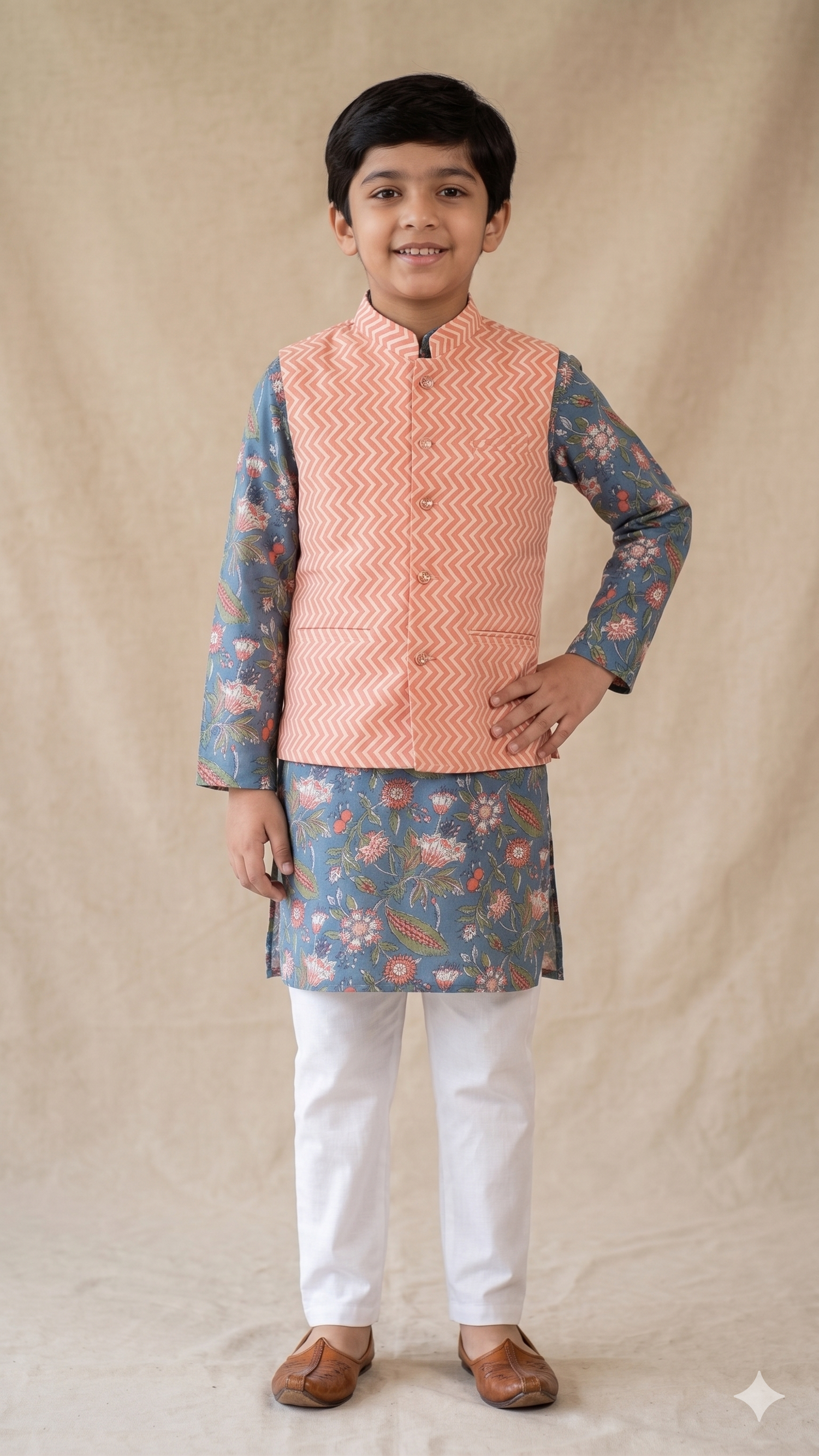 Peach Chevron and Teal Floral Block Print Nehru Jacket Kurta Pyjama Set