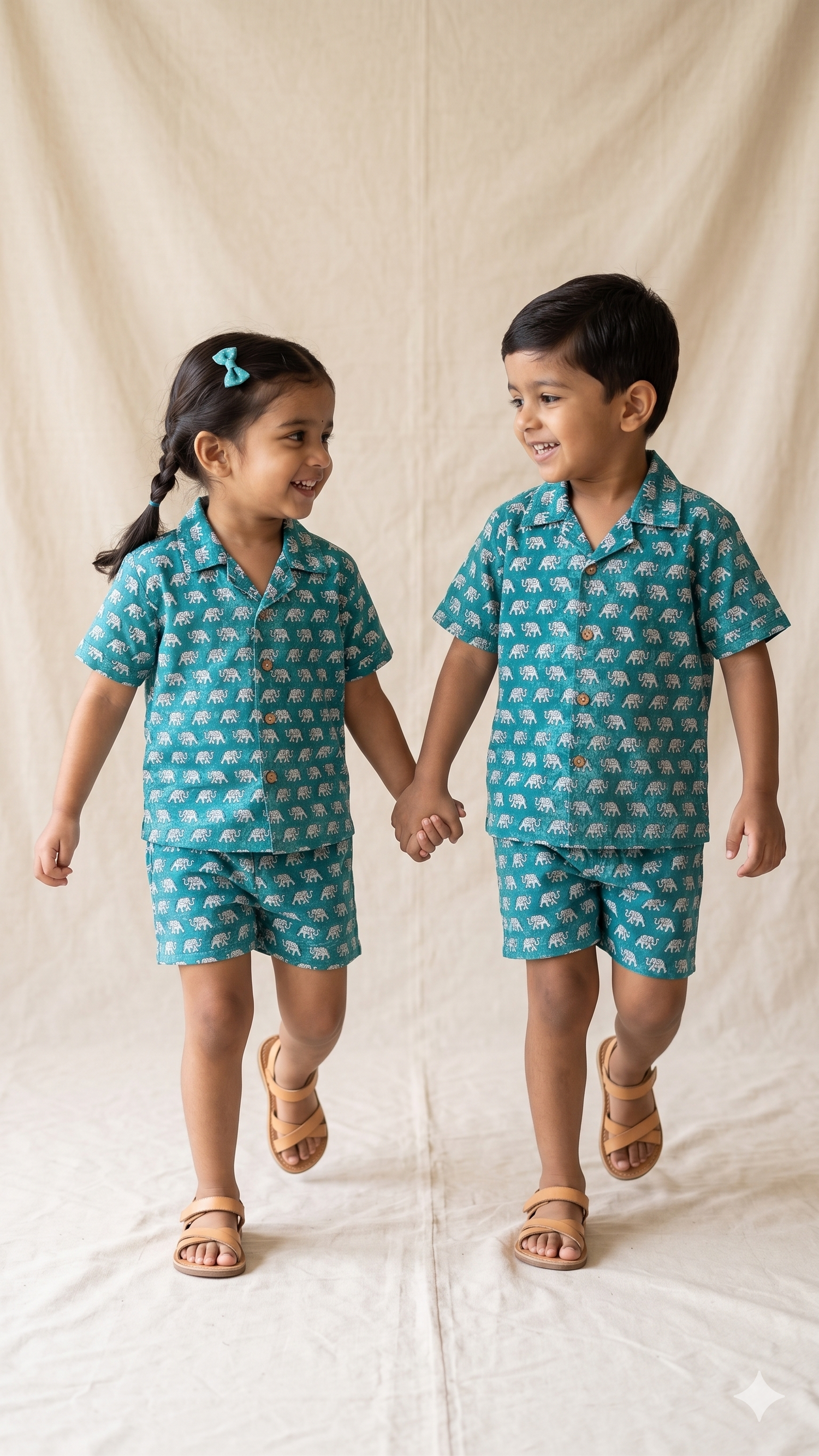 Teal Blue Elephant Block Print Cotton Shirt and Shorts Co-ord Set