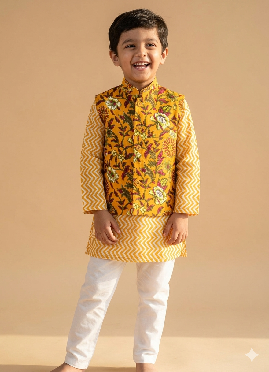 Floral Print Jacket with Zig Zag Kurta & Pajama