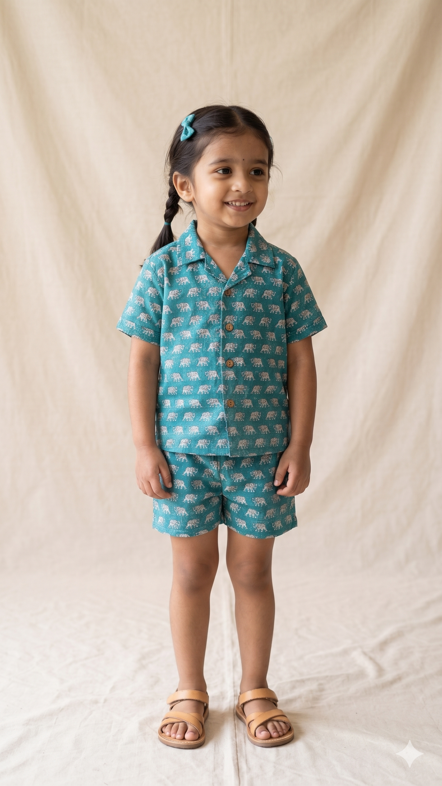 Teal Blue Elephant Block Print Cotton Shirt and Shorts Co-ord Set