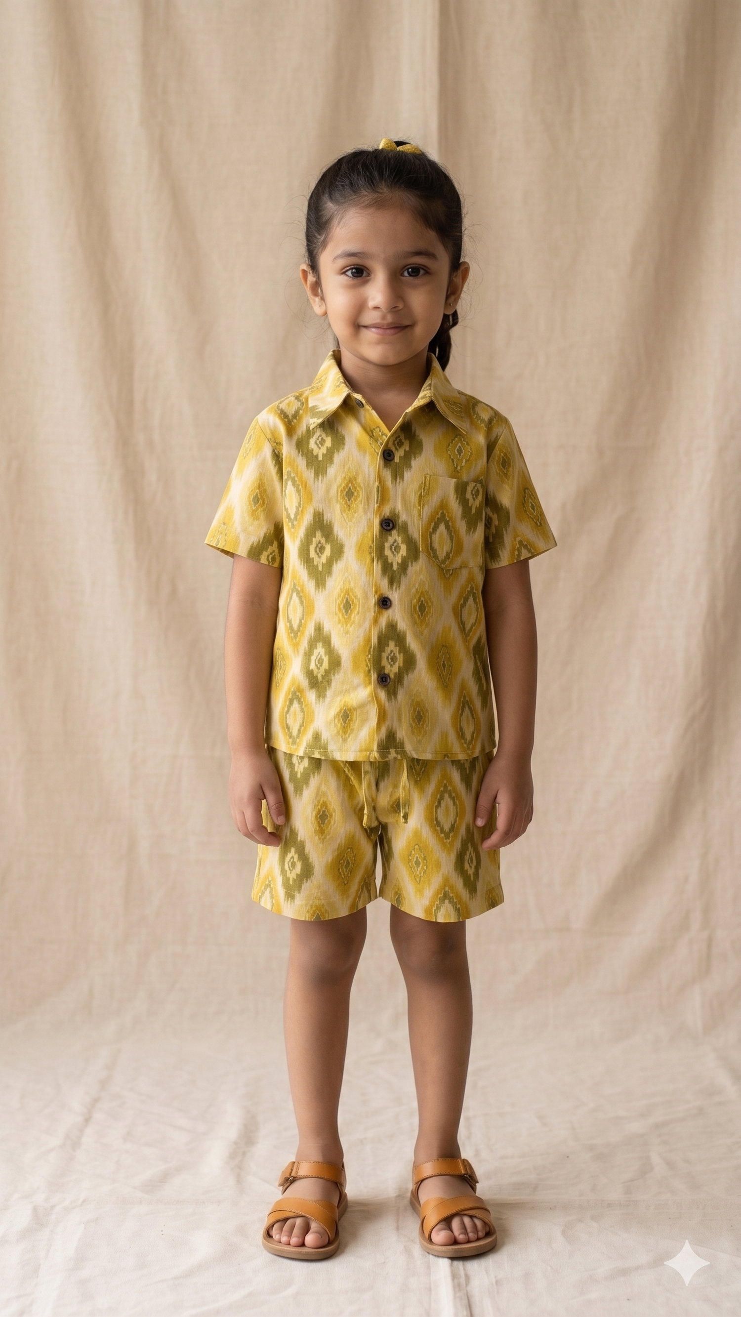 Yellow and Olive Ikat inspired Print Cotton Shirt and Shorts Co-ord Set