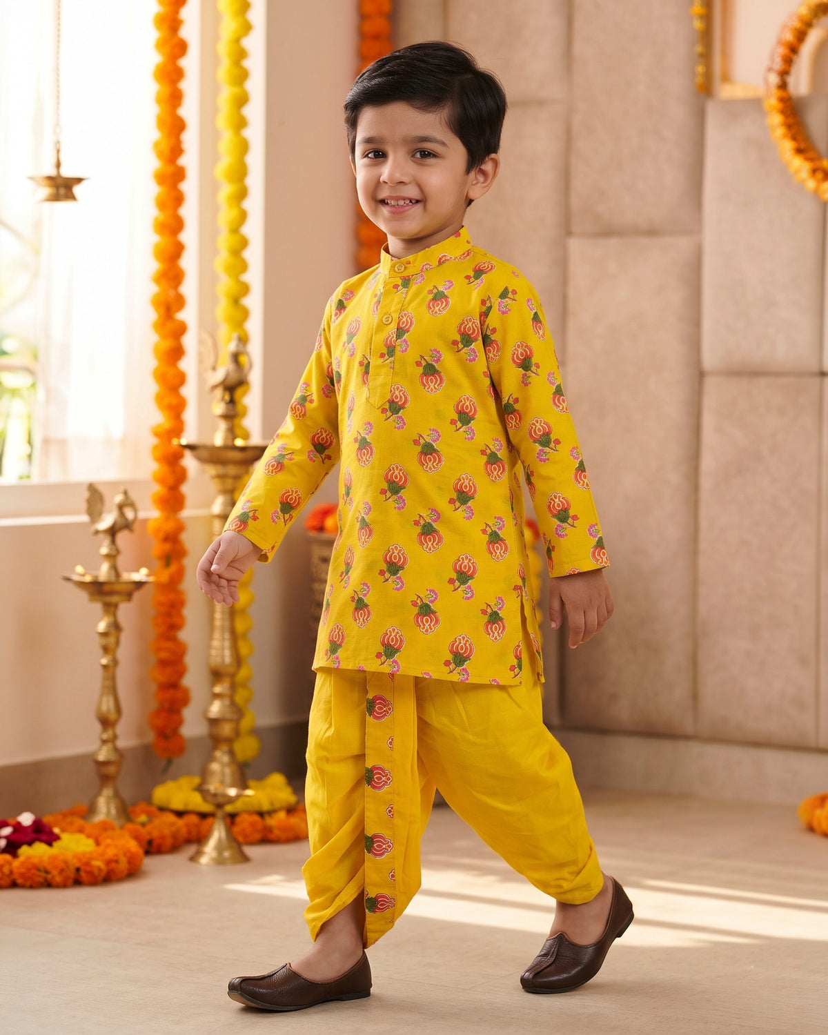 Kesariya Bagicha Floral Print Cotton Dhoti Kurta Set for Boys