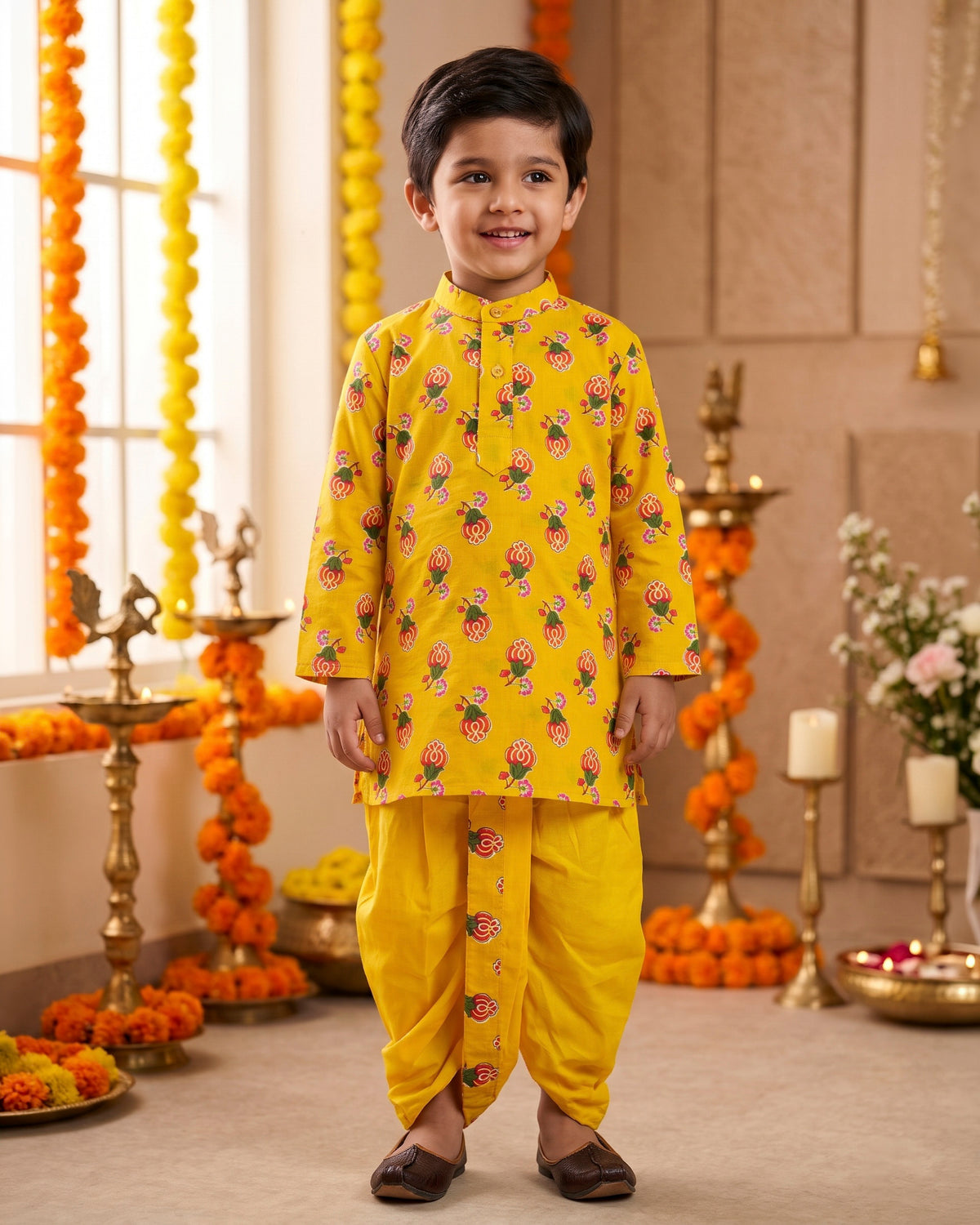 Kesariya Bagicha Floral Print Cotton Dhoti Kurta Set for Boys