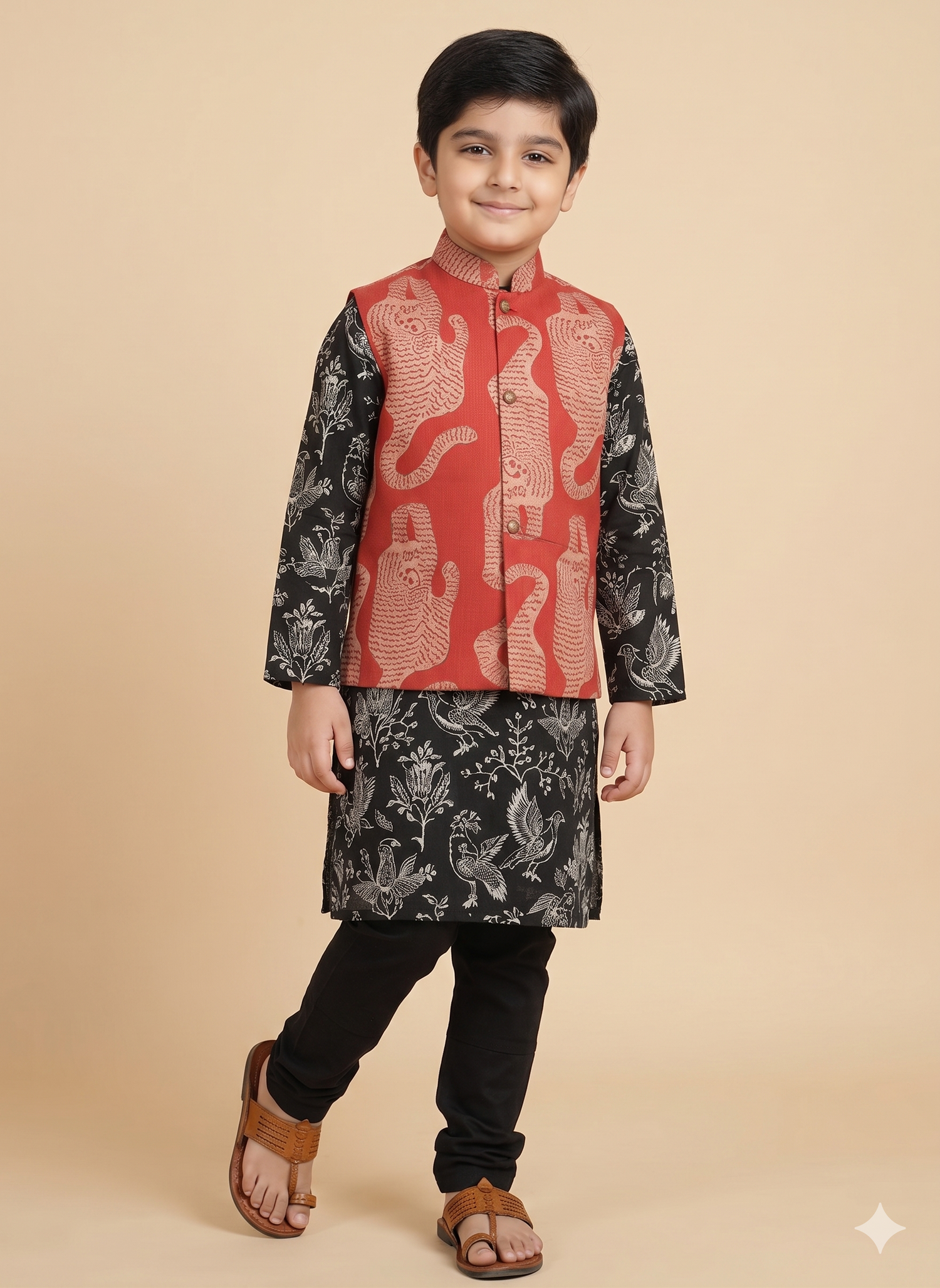 Shergill Bandi — Tiger and Bird Block Print Kurta Pajama Set with Nehru Jacket for Boys