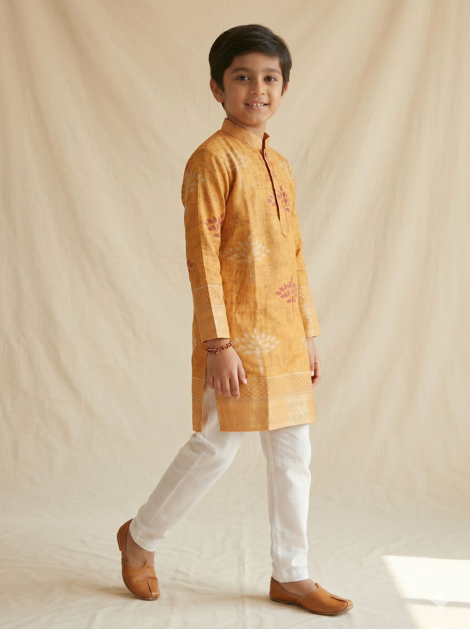 Mustard Gold Woven Silk Tree Boota Block Print Kurta Pyjama Set