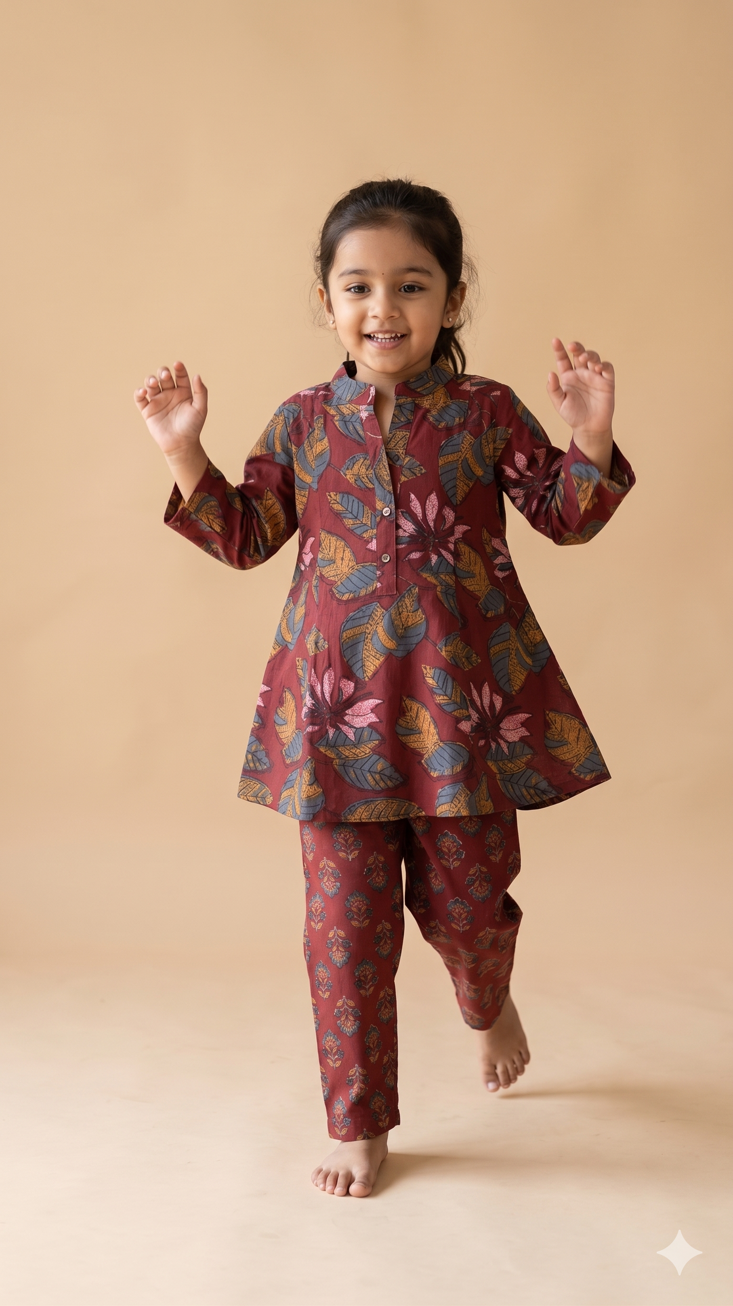Girls The Forest Floor Maroon Kurta Style Top Pant Set