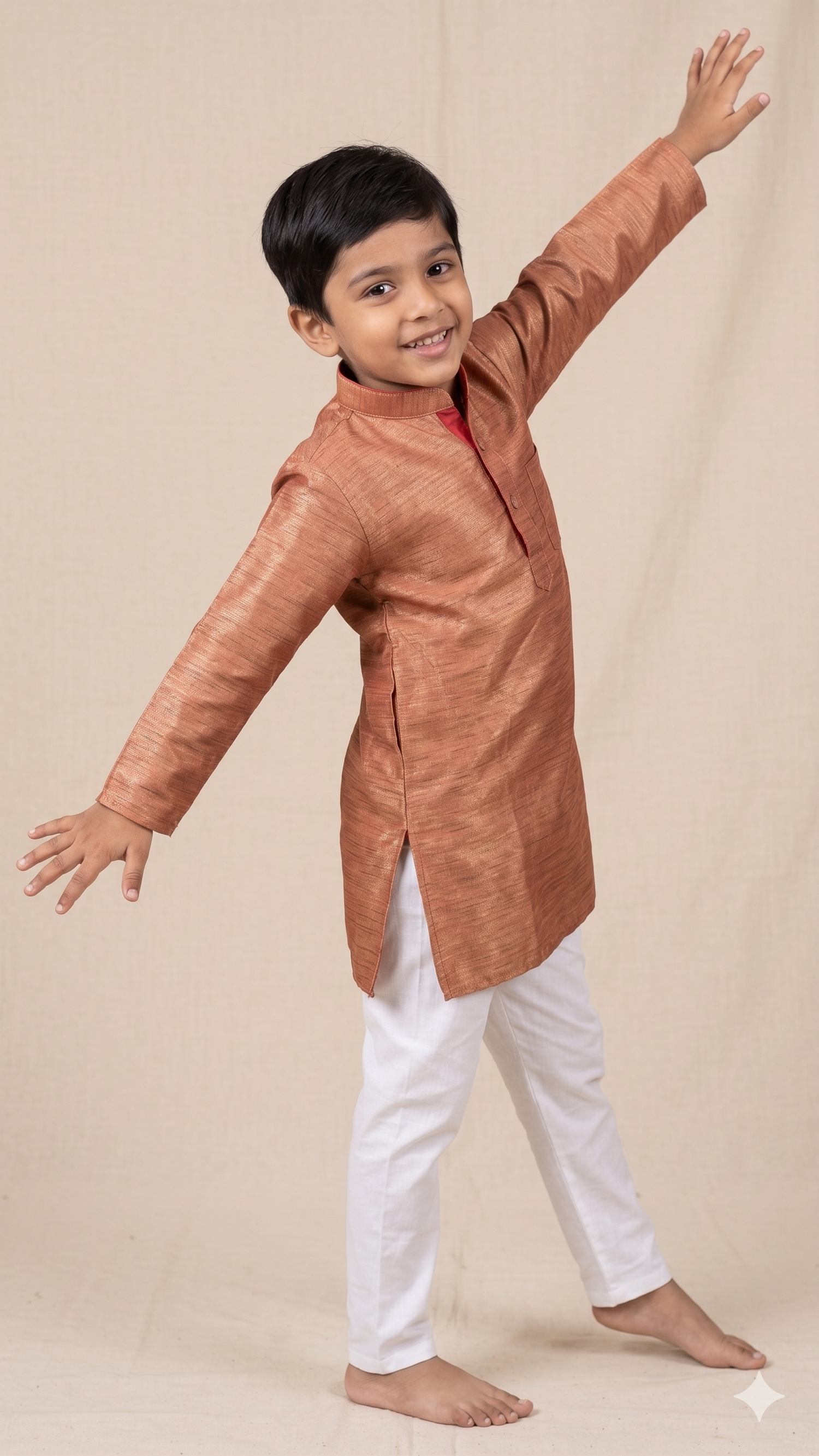 Copper Bronze Woven Silk Mandarin Kurta with White Cotton Pyjama Set