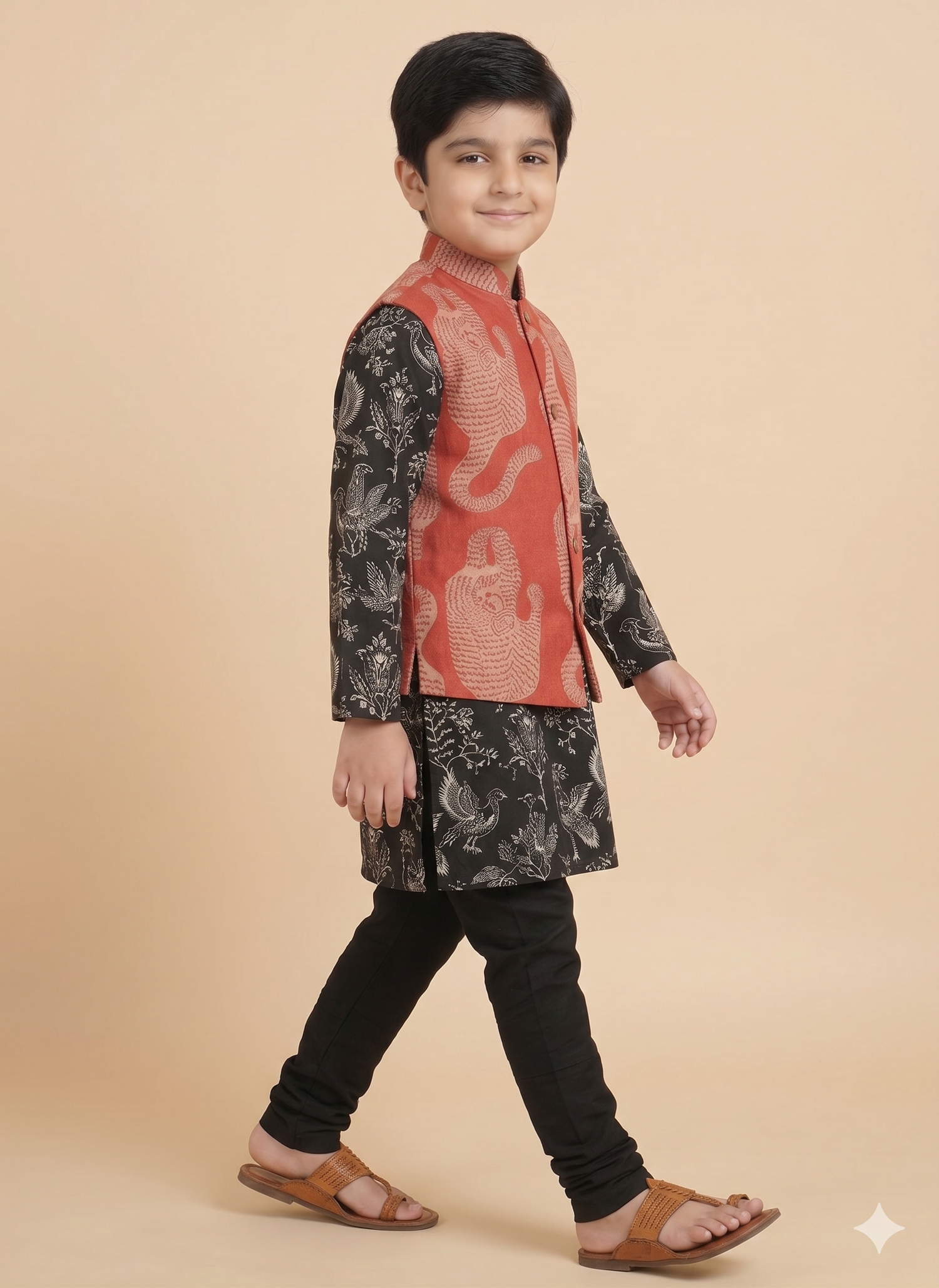 Shergill Bandi — Tiger and Bird Block Print Kurta Pajama Set with Nehru Jacket for Boys