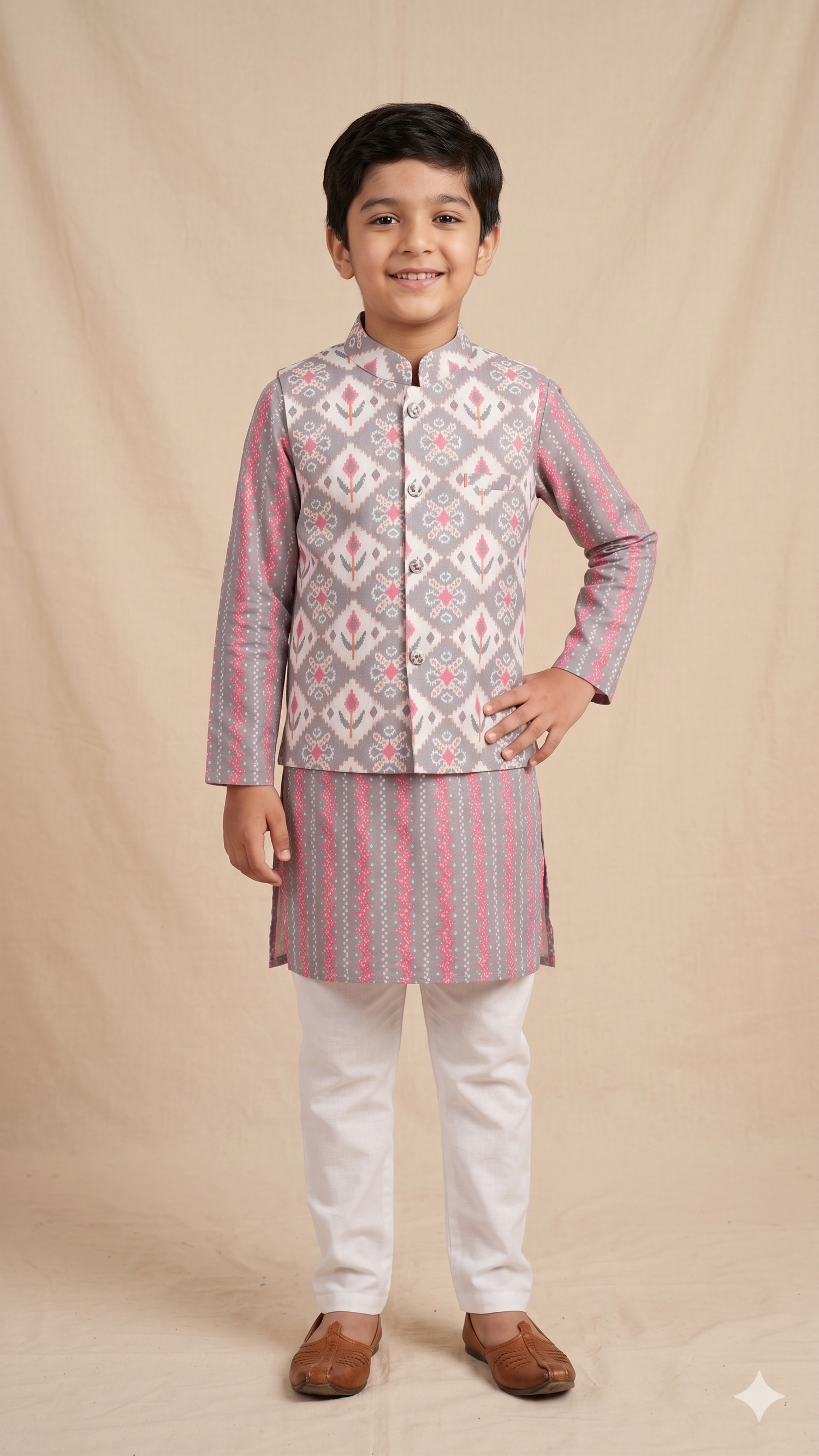 Grey and Pink Ikat inspired Print Nehru Jacket Kurta Pyjama Set