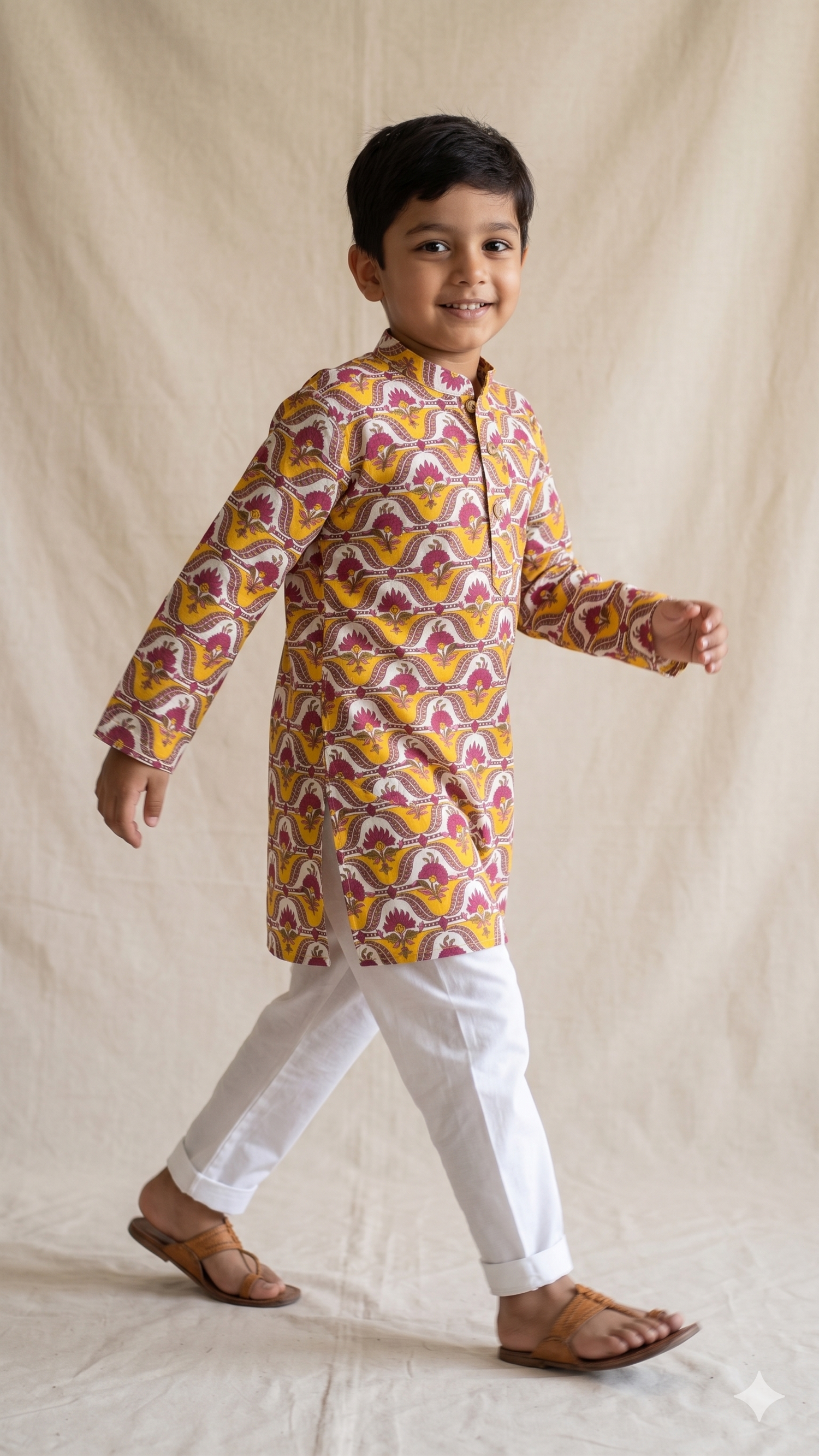 Mustard Yellow Mughal Arch Floral Block Print Kurta with White Cotton Pyjama Set